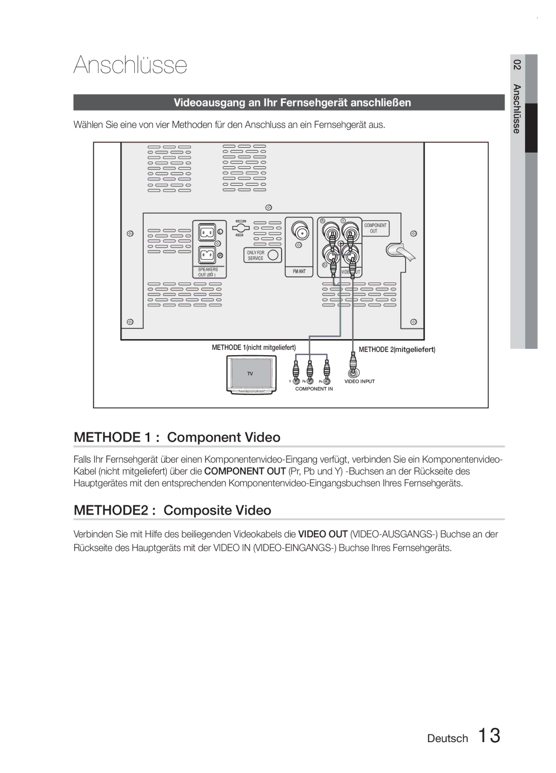 Samsung MM-E330/ZF manual Methode 1 Component Video, METHODE2 Composite Video, Videoausgang an Ihr Fernsehgerät anschließen 