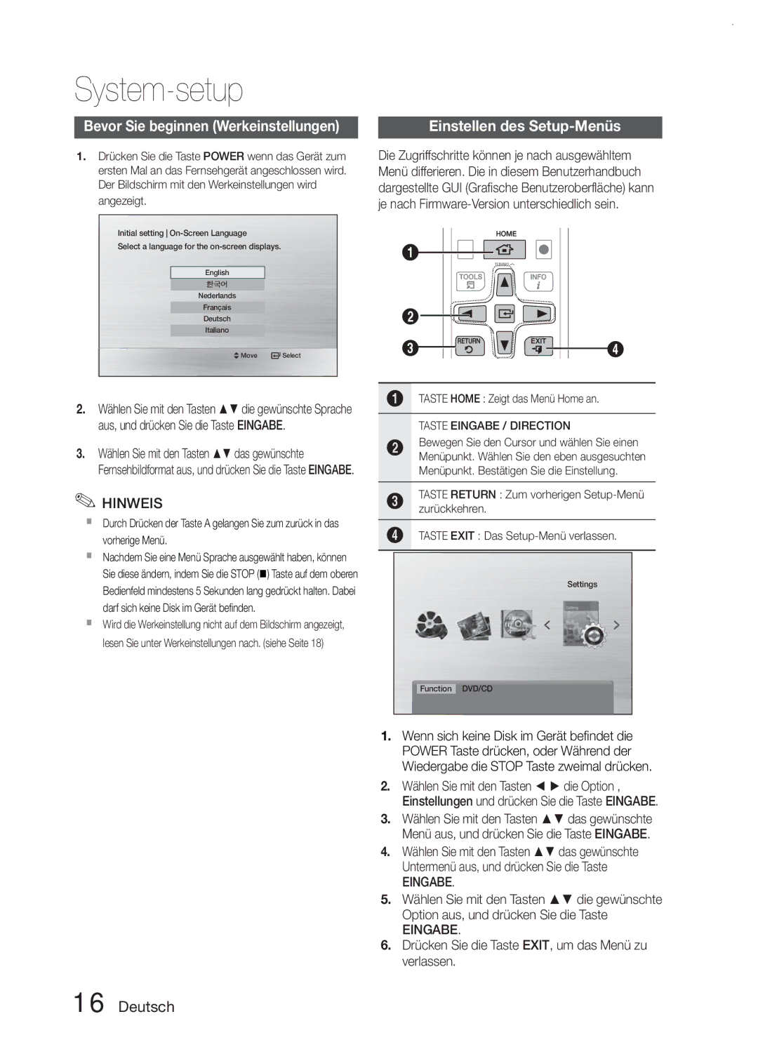 Samsung MM-E330D/XN, MM-E330/EN, MM-E330D/EN System-setup, Bevor Sie beginnen Werkeinstellungen, Einstellen des Setup-Menüs 