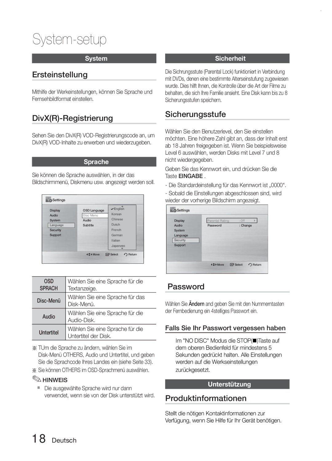 Samsung MM-E330/ZF, MM-E330/EN manual Ersteinstellung, DivXR-Registrierung, Sicherungsstufe, Password, Produktinformationen 