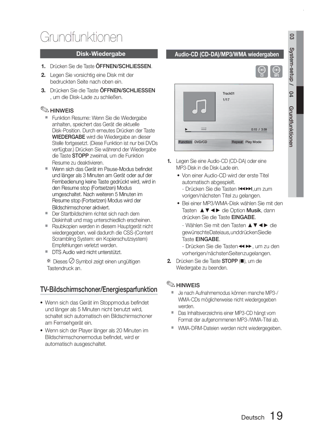 Samsung MM-E330D/ZF, MM-E330/EN, MM-E330D/XN Grundfunktionen, Disk-Wiedergabe, TV-Bildschirmschoner/Energiesparfunktion 