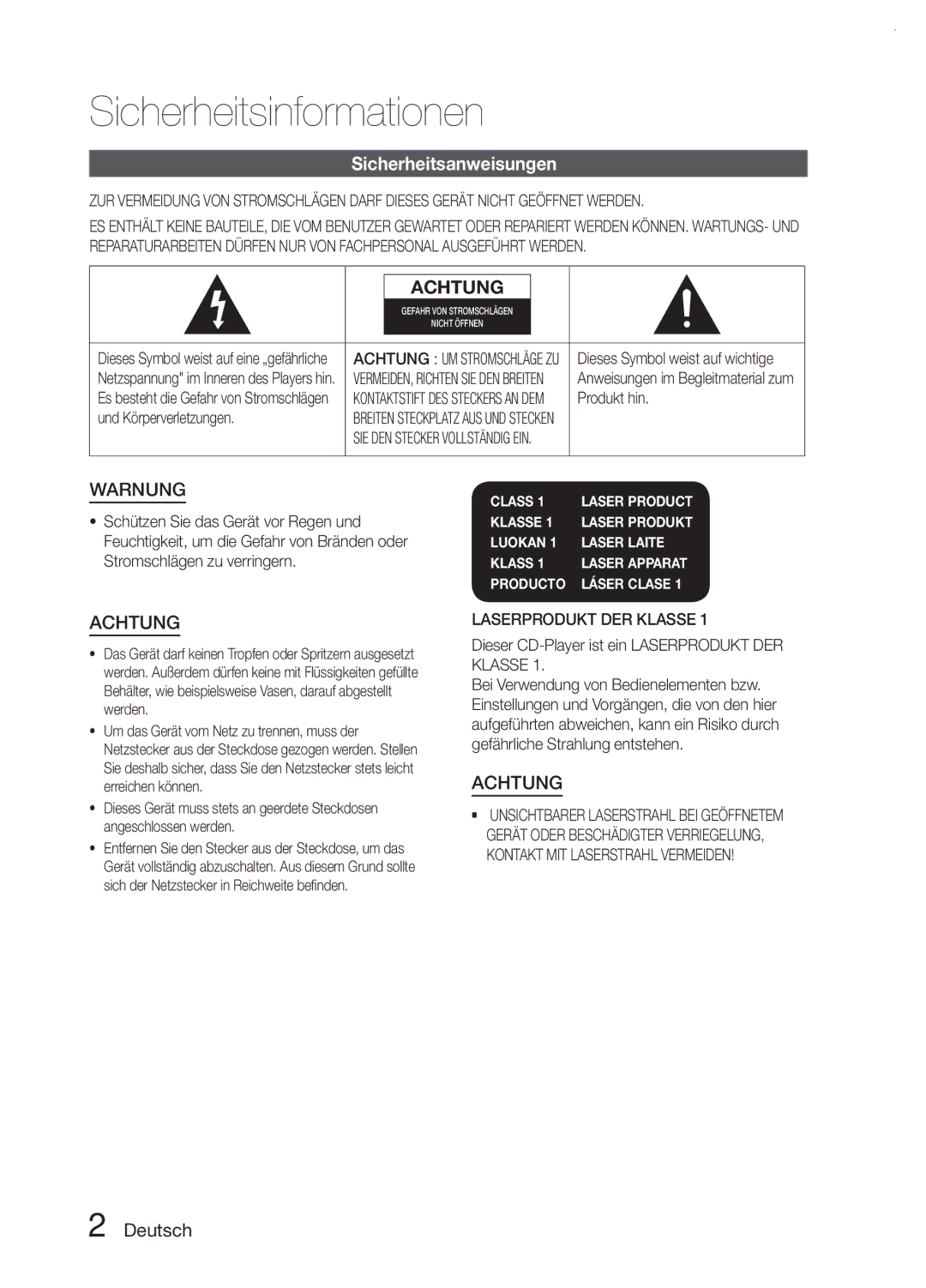 Samsung MM-E330D/EN, MM-E330/EN, MM-E330D/XN, MM-E330/ZF manual Sicherheitsinformationen, Sicherheitsanweisungen, Deutsch 