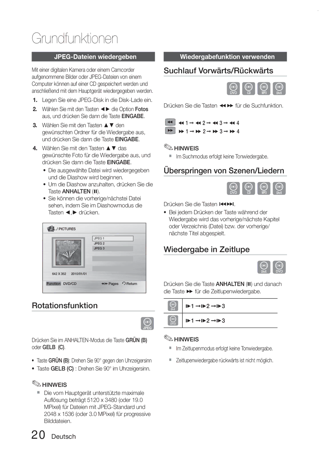 Samsung MM-E330/EN Rotationsfunktion, Suchlauf Vorwärts/Rückwärts, Überspringen von Szenen/Liedern, Wiedergabe in Zeitlupe 