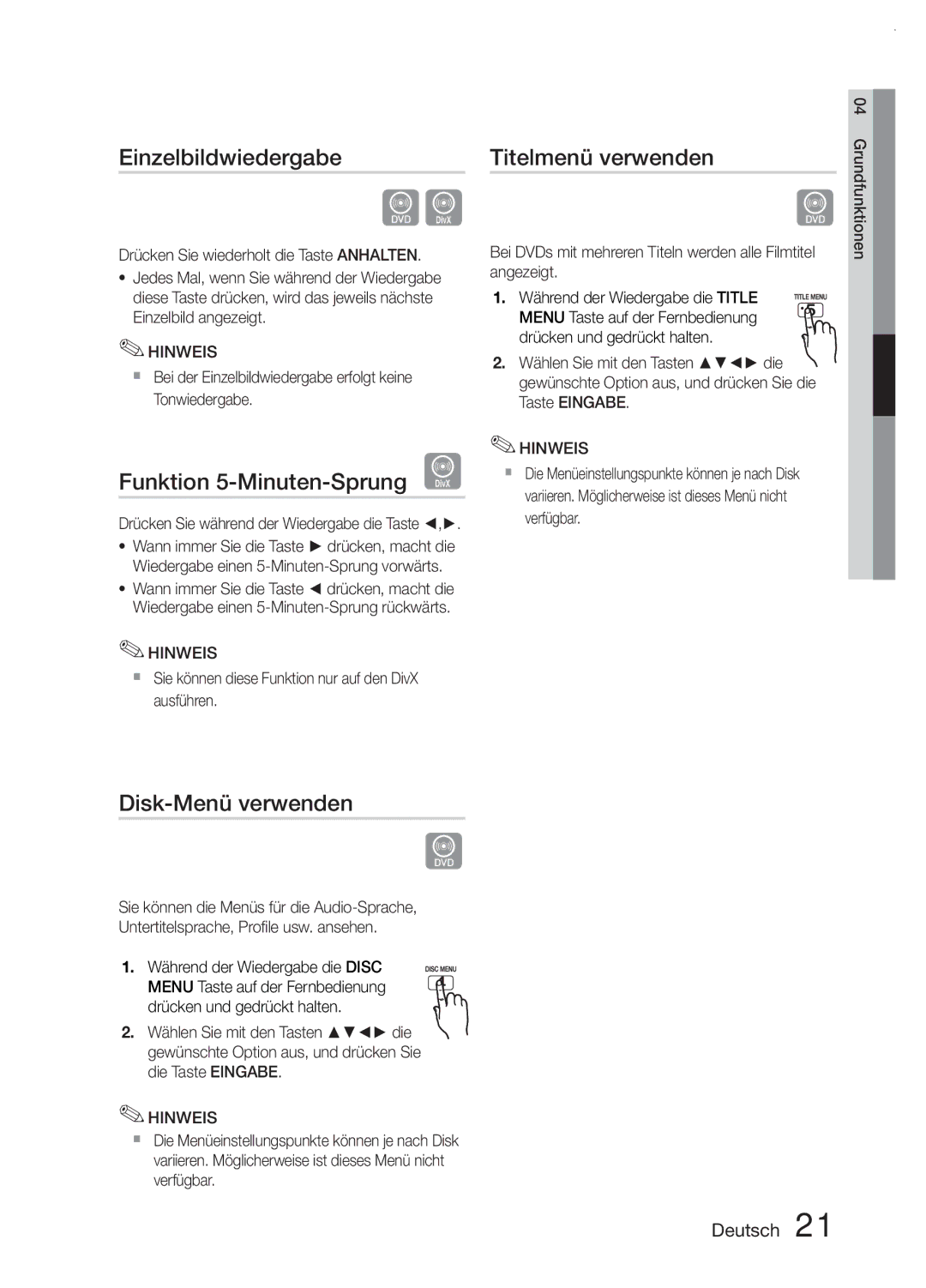 Samsung MM-E330D/XN manual Einzelbildwiedergabe, Funktion 5-Minuten-Sprung D, Titelmenü verwenden, Disk-Menü verwenden 