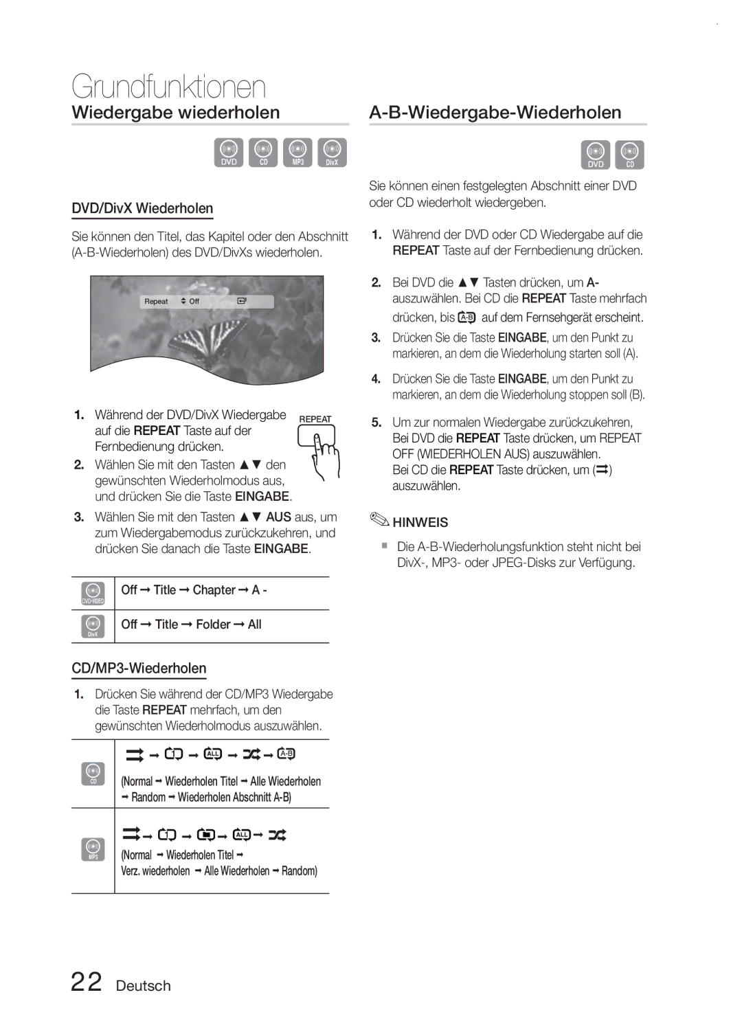 Samsung MM-E330D/EN, MM-E330/EN Wiedergabe wiederholen, Wiedergabe-Wiederholen, DVD/DivX Wiederholen, CD/MP3-Wiederholen 