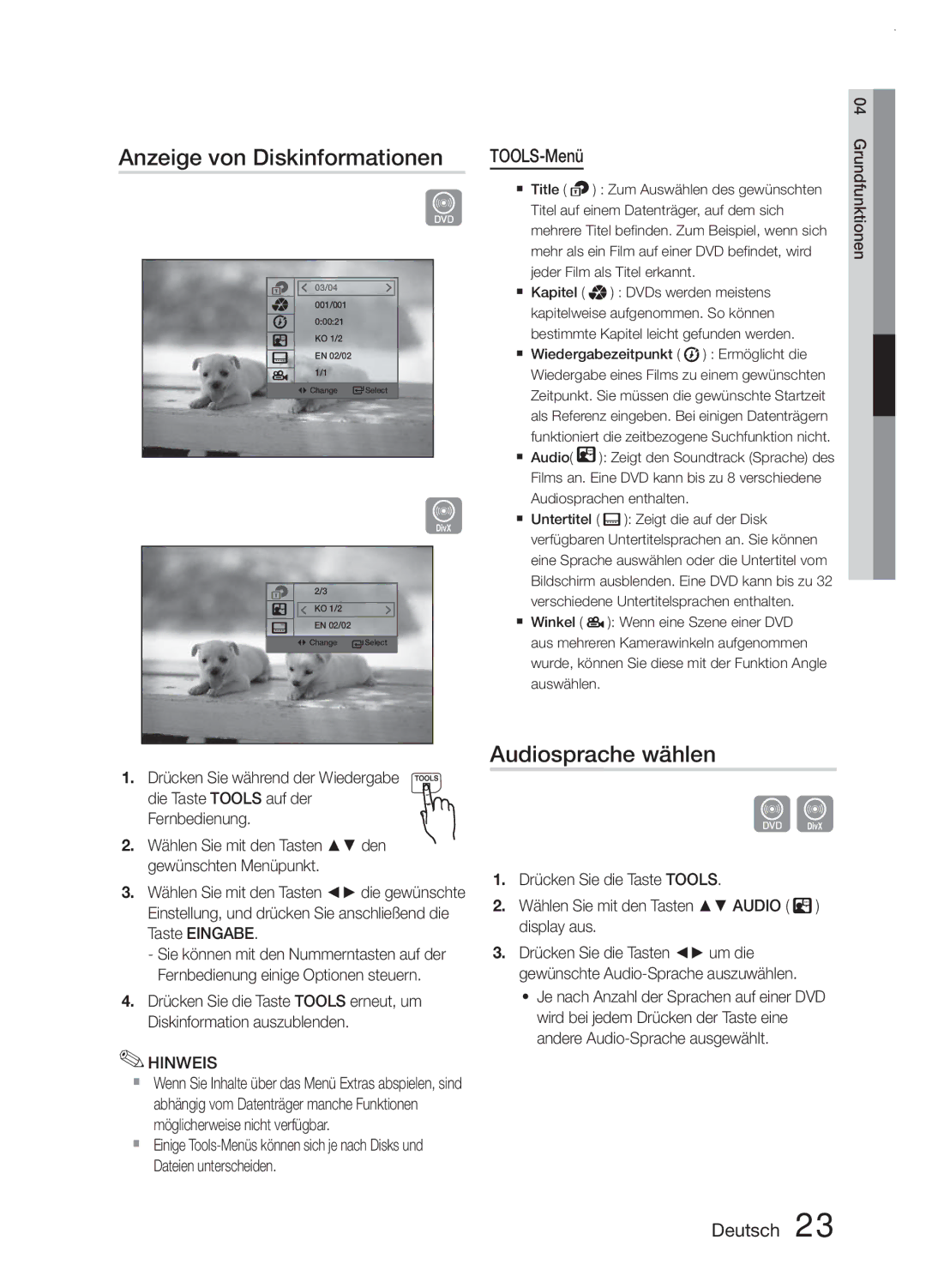 Samsung MM-E330/ZF, MM-E330/EN, MM-E330D/XN, MM-E330D/EN manual Anzeige von Diskinformationen, Audiosprache wählen, TOOLS-Menü 