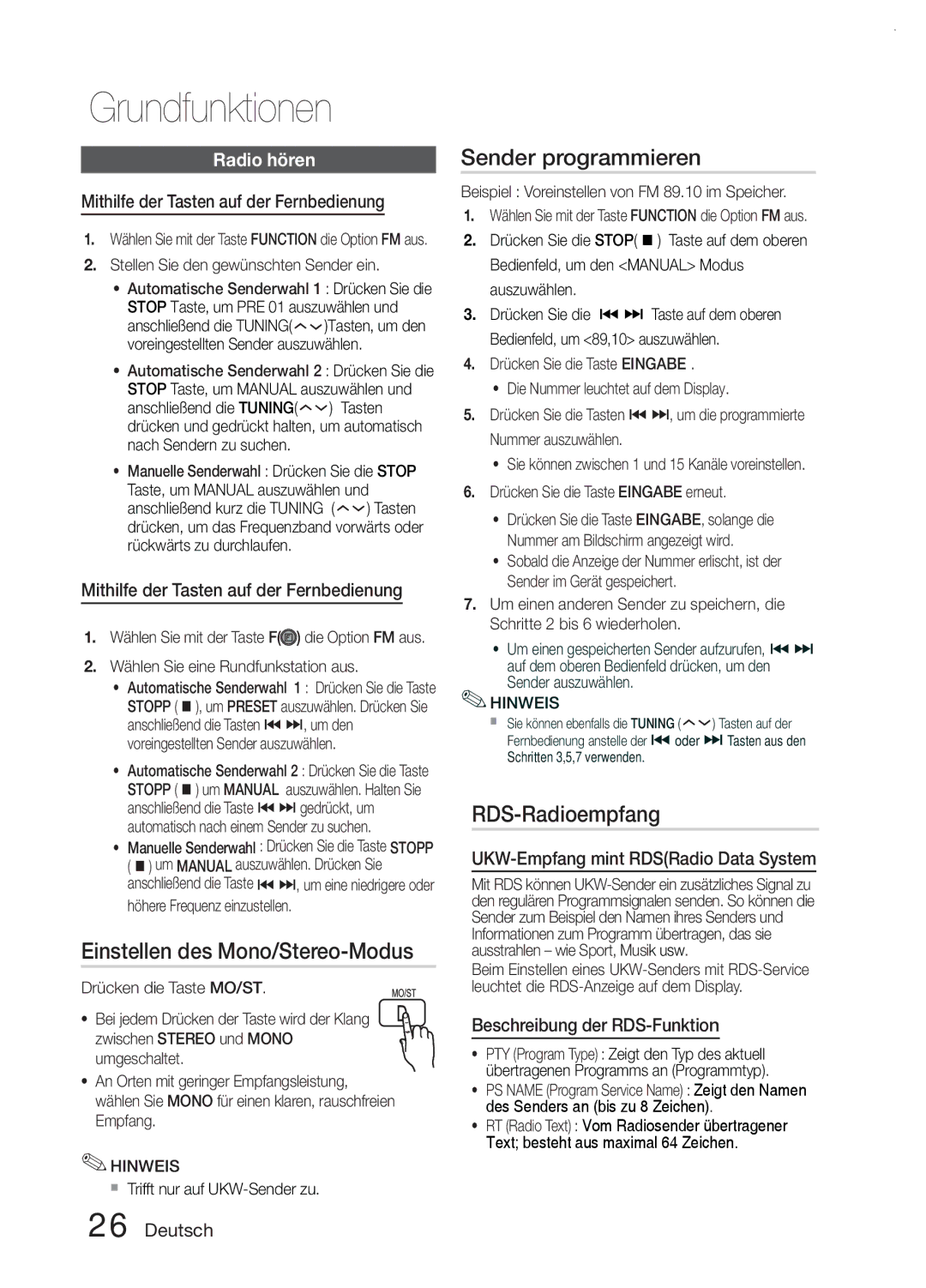 Samsung MM-E330D/XN, MM-E330/EN manual Einstellen des Mono/Stereo-Modus, Sender programmieren, RDS-Radioempfang, Radio hören 