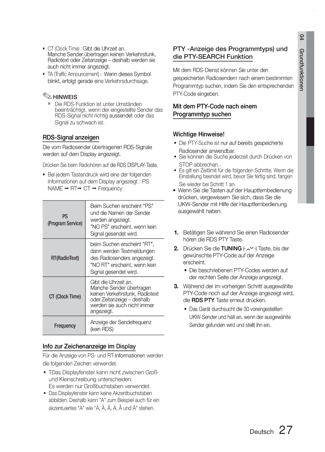 Samsung MM-E330D/EN manual PTY -Anzeige des Programmtyps und die PTY-SEARCH Funktion, CT Clock Time Gibt die Uhrzeit an 