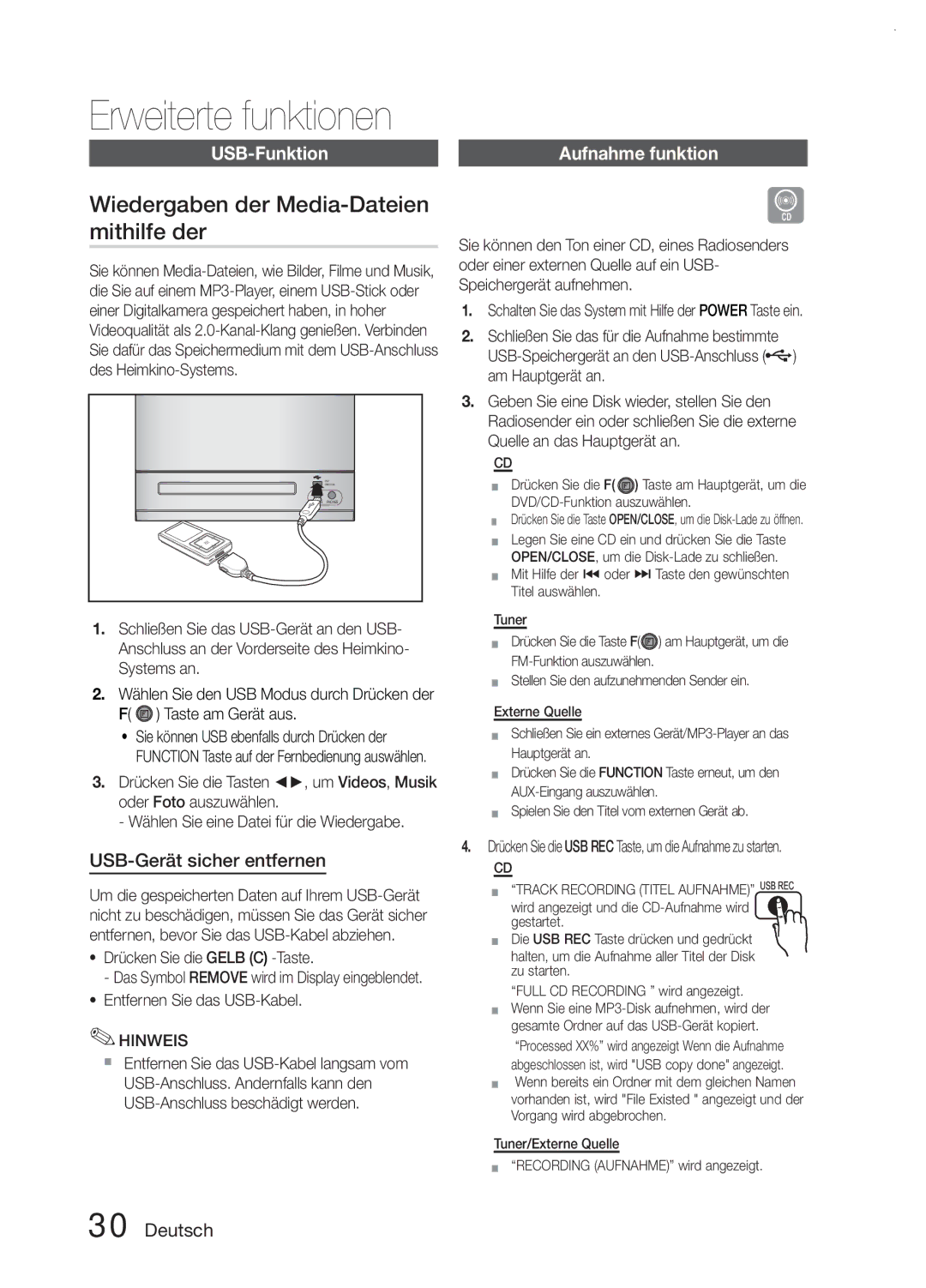 Samsung MM-E330/EN, MM-E330D/XN manual Wiedergaben der Media-Dateien mithilfe der, USB-Funktion, USB-Gerät sicher entfernen 