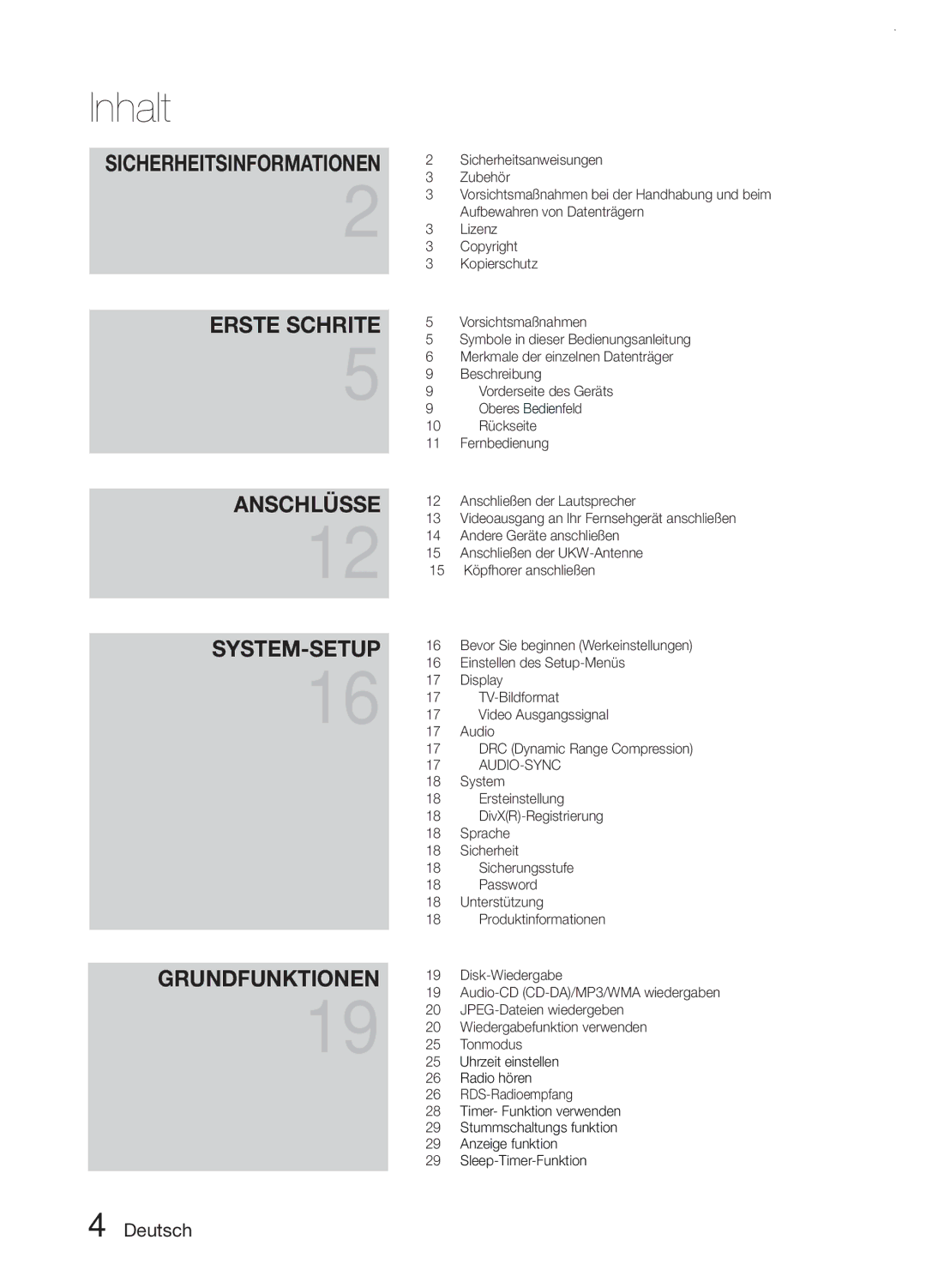 Samsung MM-E330D/ZF, MM-E330/EN, MM-E330D/XN, MM-E330D/EN, MM-E330/ZF manual Inhalt, Audio-Sync 