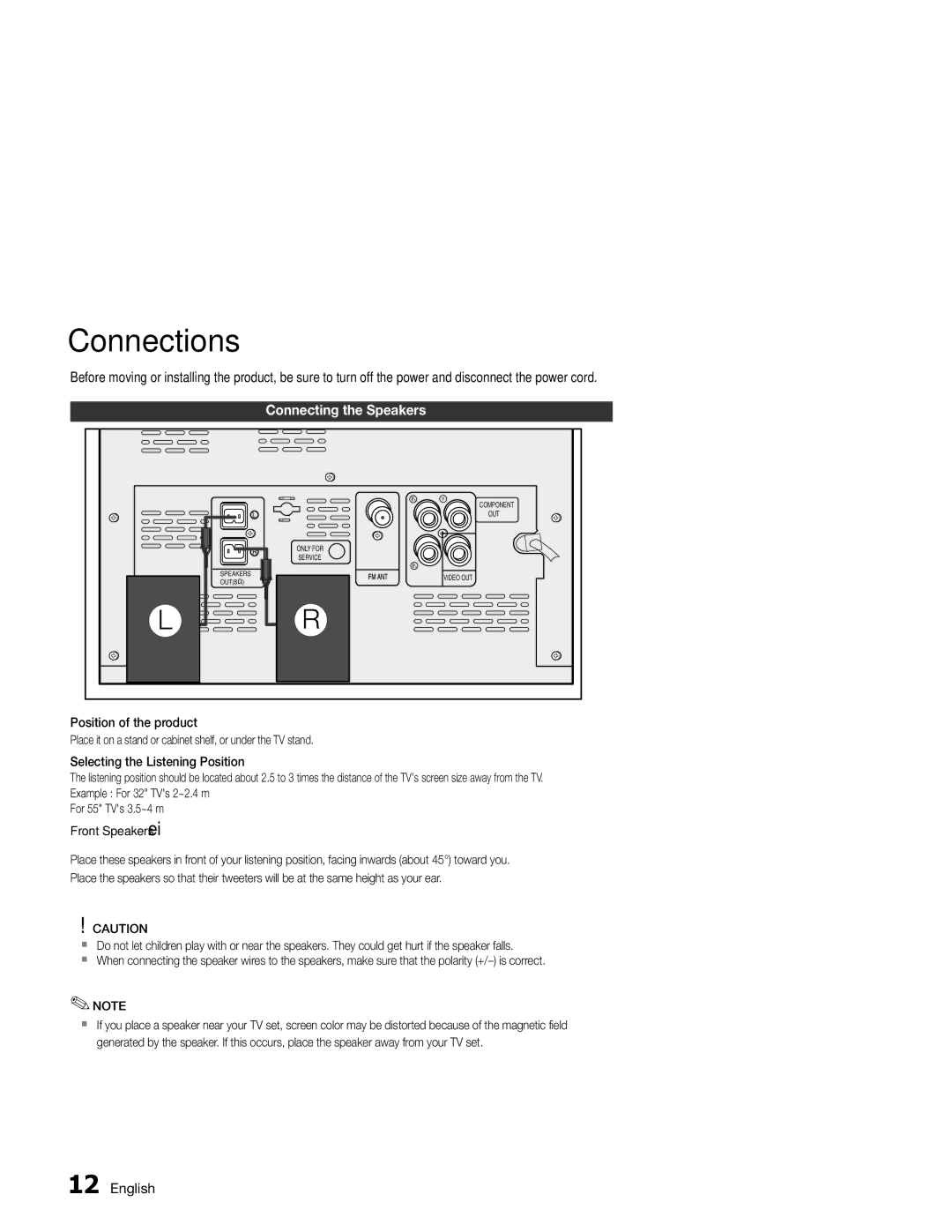 Samsung MM-E330D/EN, MM-E330/EN, MM-E330D/XN, MM-E330/ZF, MM-E330D/ZF manual Connections, Connecting the Speakers 