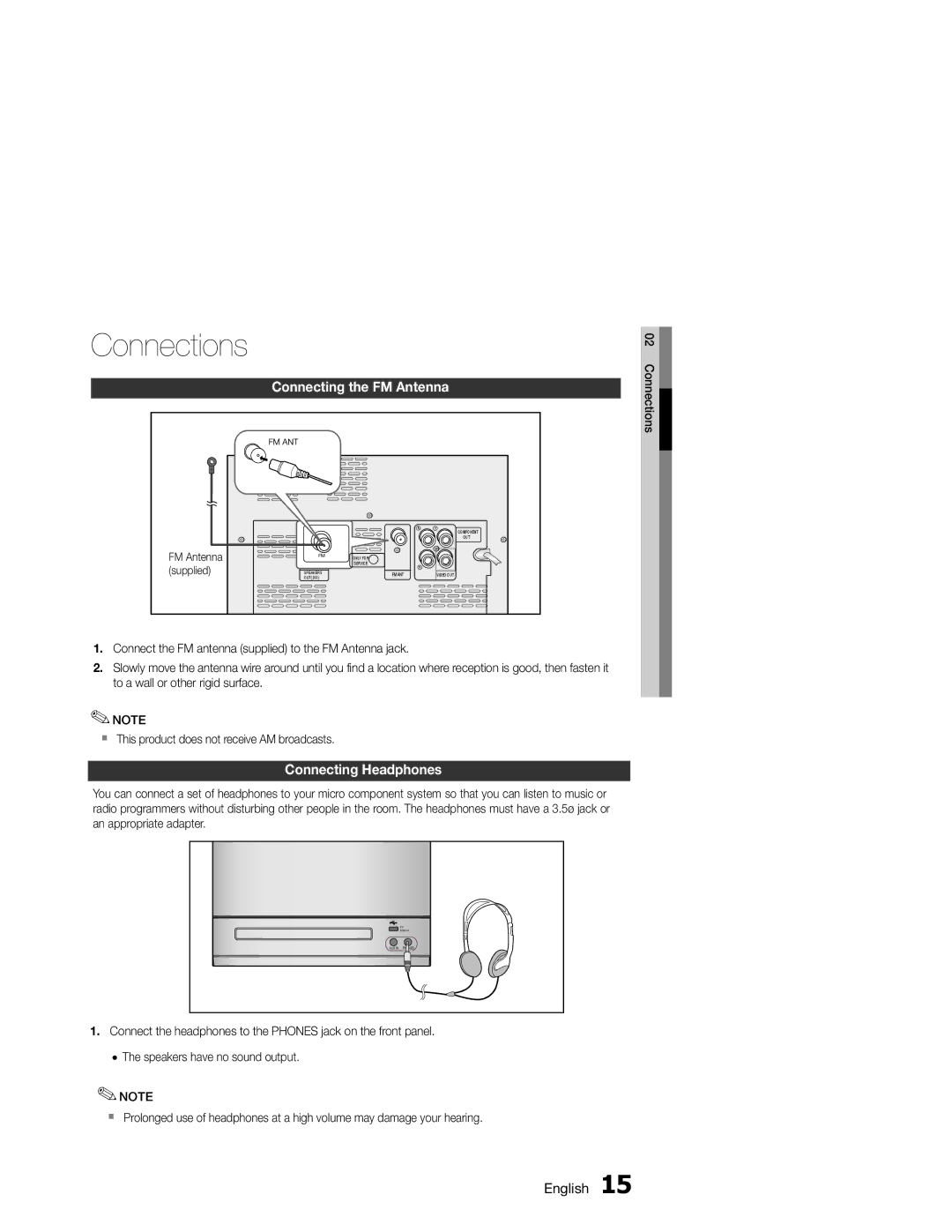 Samsung MM-E330/EN, MM-E330D/XN, MM-E330D/EN, MM-E330/ZF, MM-E330D/ZF manual Connecting the FM Antenna, Connecting Headphones 