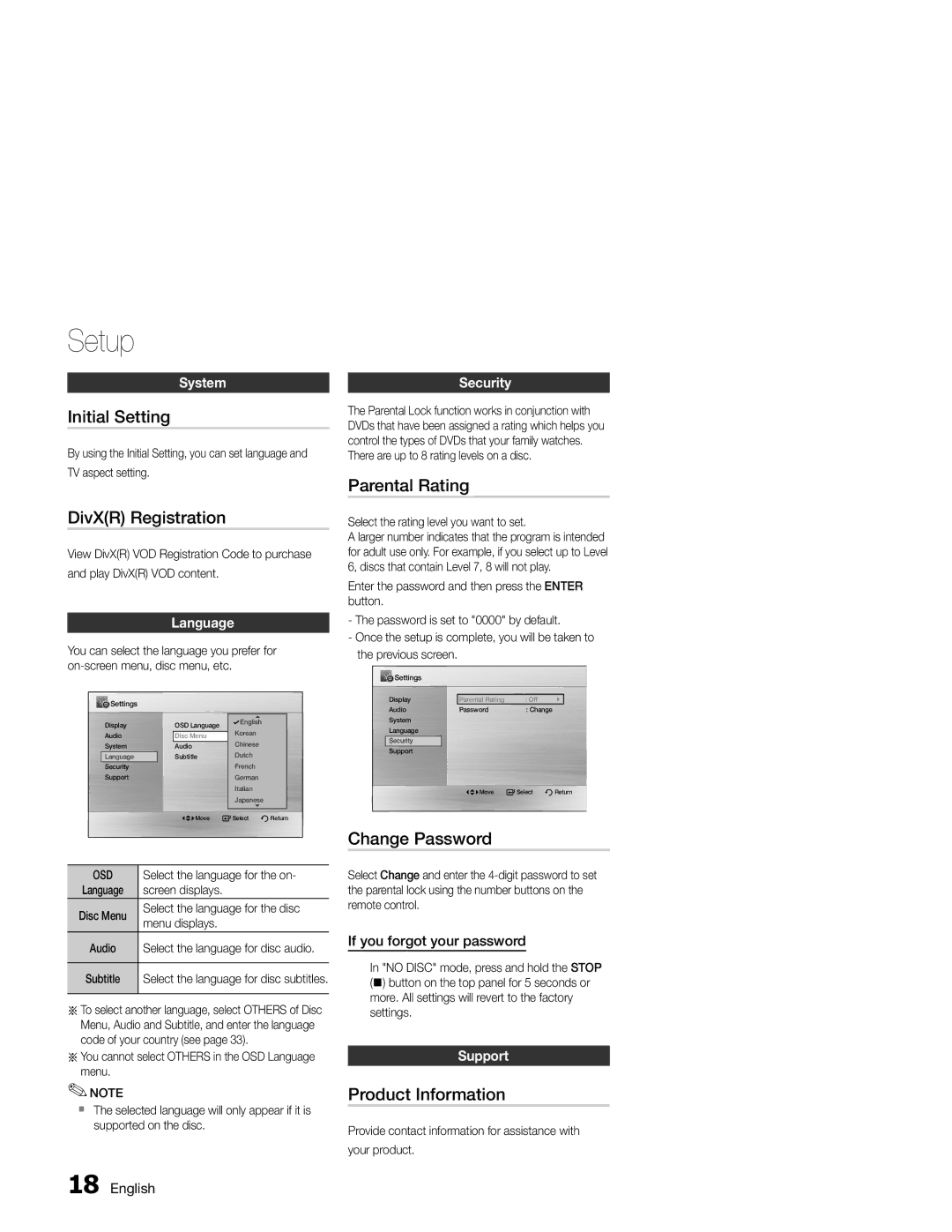 Samsung MM-E330/ZF, MM-E330/EN Initial Setting, DivXR Registration, Parental Rating, Change Password, Product Information 