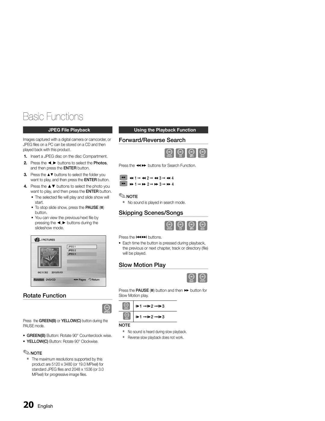 Samsung MM-E330/EN, MM-E330D/XN manual Rotate Function, Forward/Reverse Search, Skipping Scenes/Songs, Slow Motion Play 