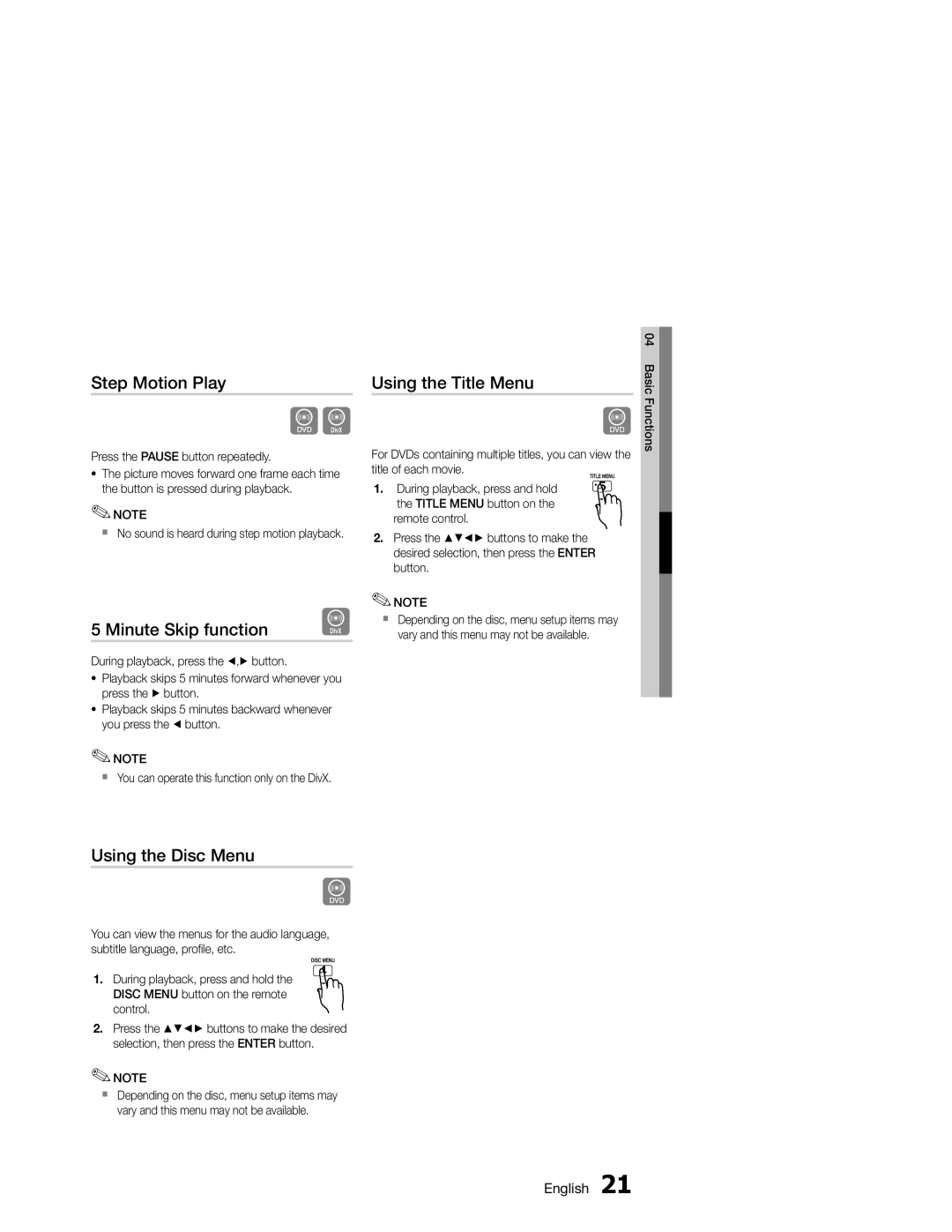 Samsung MM-E330D/XN, MM-E330/EN manual Step Motion Play, Minute Skip function, Using the Title Menu, Using the Disc Menu 