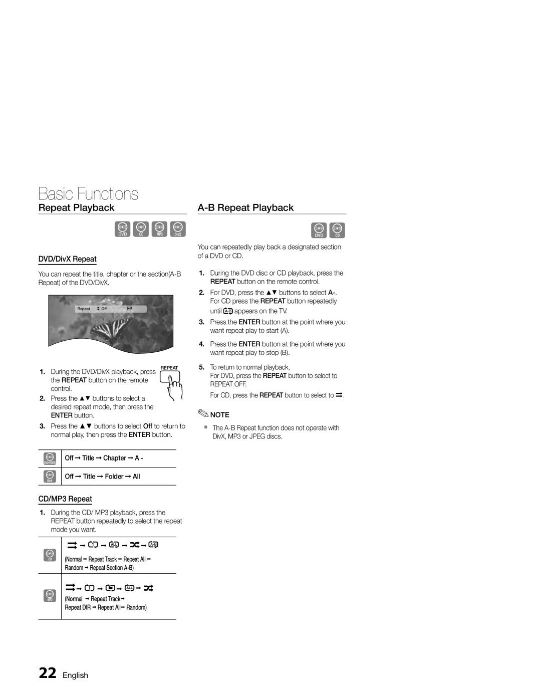 Samsung MM-E330D/EN, MM-E330/EN, MM-E330D/XN, MM-E330/ZF manual Repeat Playback, DVD/DivX Repeat, CD/MP3 Repeat, Repeat OFF 