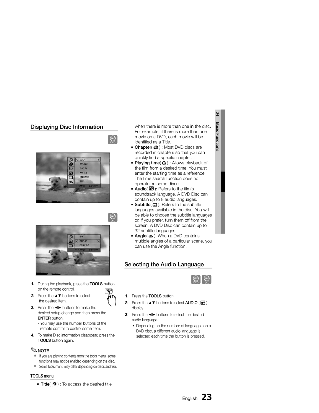 Samsung MM-E330/ZF, MM-E330/EN, MM-E330D/XN manual Displaying Disc Information, Selecting the Audio Language, Tools menu 