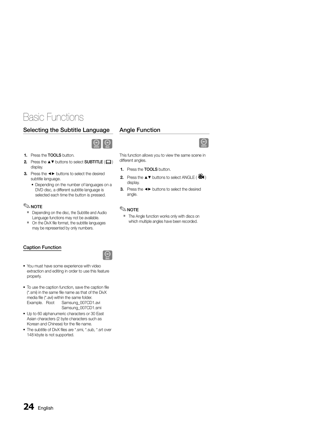 Samsung MM-E330D/ZF, MM-E330/EN, MM-E330D/XN, MM-E330D/EN Selecting the Subtitle Language, Angle Function, Caption Function 