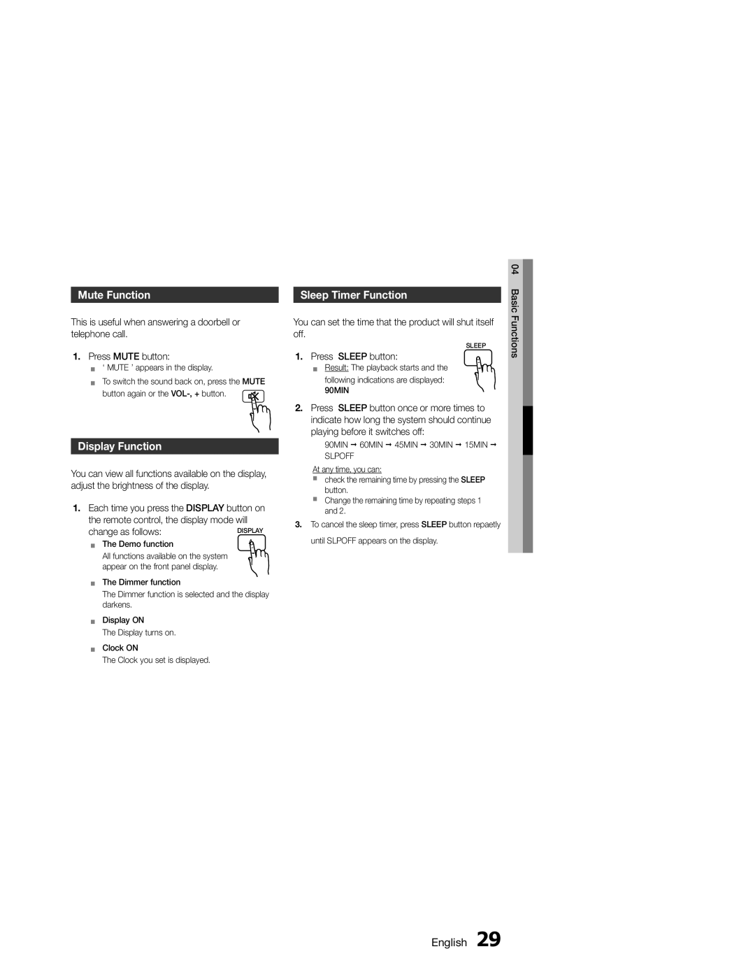 Samsung MM-E330D/ZF, MM-E330/EN, MM-E330D/XN, MM-E330D/EN, MM-E330/ZF Mute Function, Display Function, Sleep Timer Function 