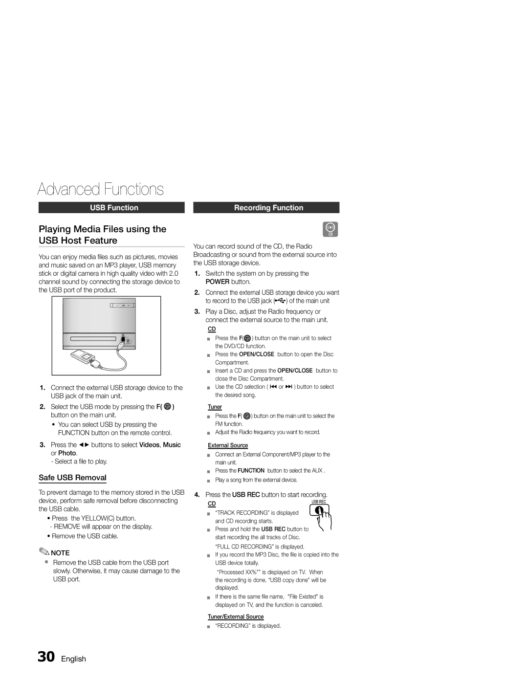 Samsung MM-E330/EN Playing Media Files using the USB Host Feature, USB Function, Safe USB Removal, Recording Function 