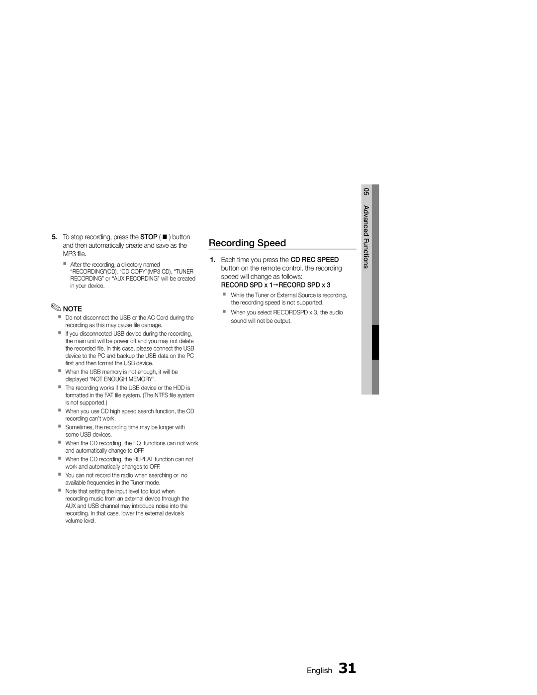 Samsung MM-E330D/XN, MM-E330/EN, MM-E330D/EN, MM-E330/ZF, MM-E330D/ZF manual Recording Speed 