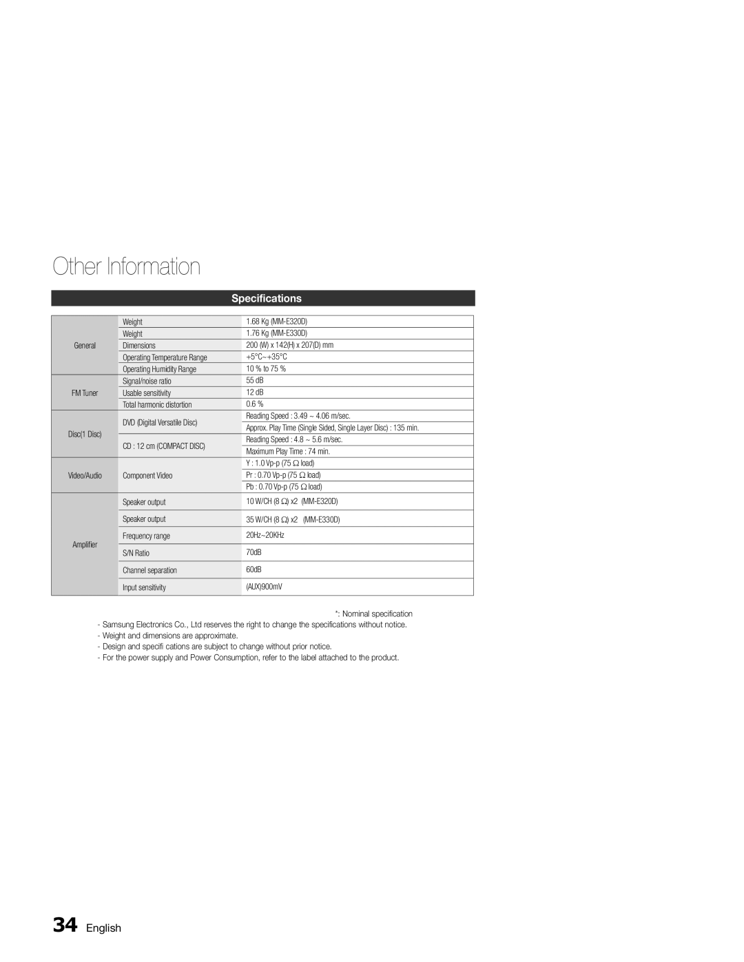 Samsung MM-E330D/ZF, MM-E330/EN, MM-E330D/XN, MM-E330D/EN, MM-E330/ZF manual Specifications 