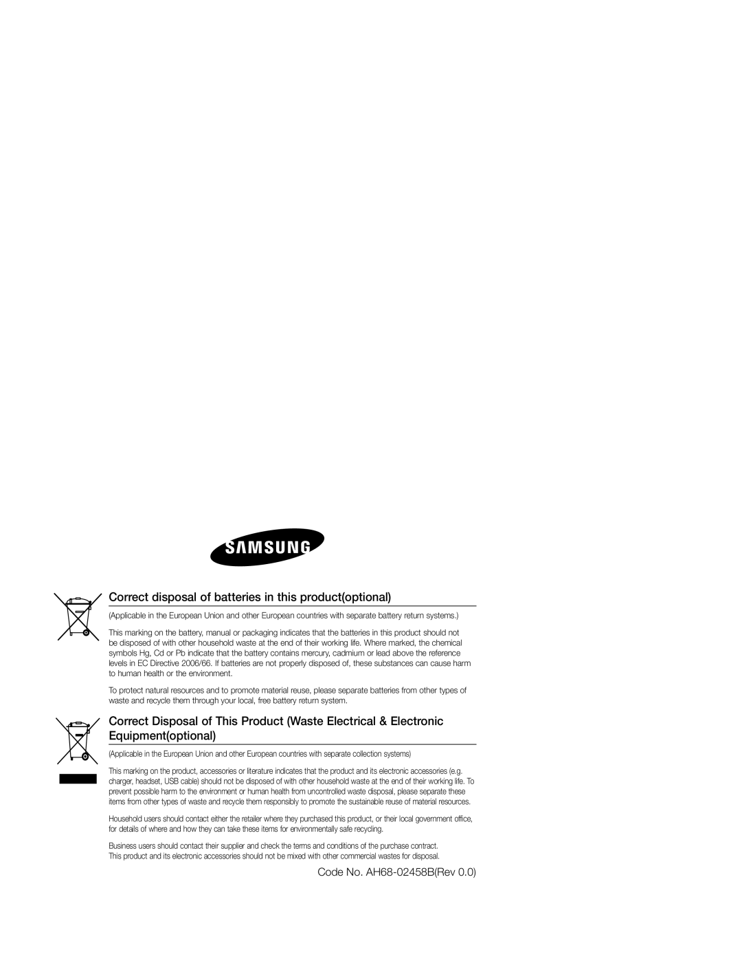 Samsung MM-E330D/XN, MM-E330/EN, MM-E330D/EN Correct disposal of batteries in this productoptional, Code No. AH68-02458BRev 