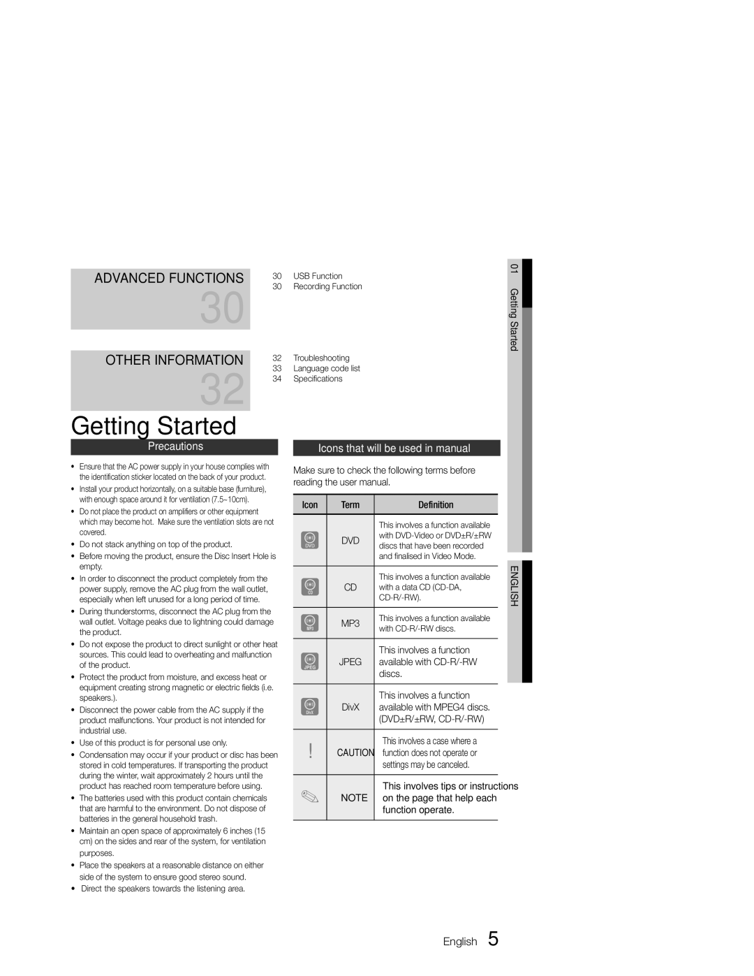 Samsung MM-E330/EN, MM-E330D/XN, MM-E330D/EN, MM-E330/ZF Getting Started, Precautions, Icons that will be used in manual 