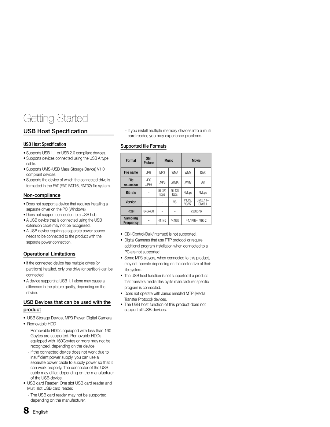 Samsung MM-E330/ZF, MM-E330/EN, MM-E330D/XN, MM-E330D/EN, MM-E330D/ZF manual USB Host Specification 