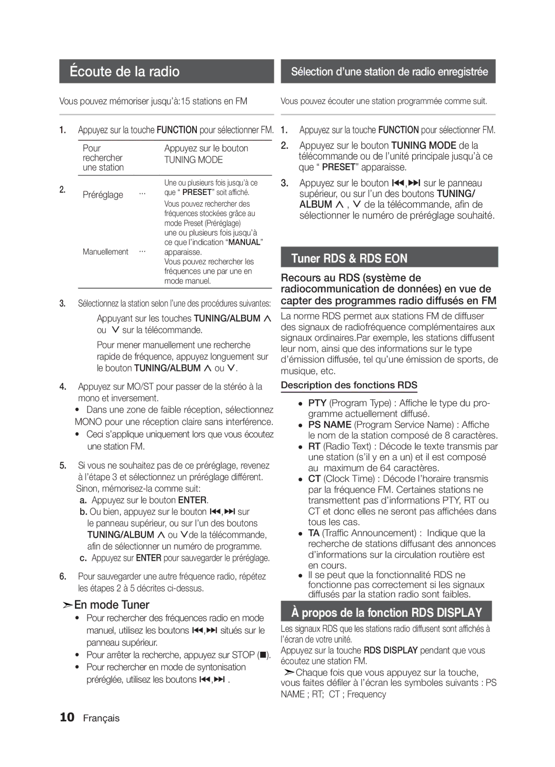 Samsung MM-E330/ZF, MM-E320/ZF manual Écoute de la radio, Tuning Mode 