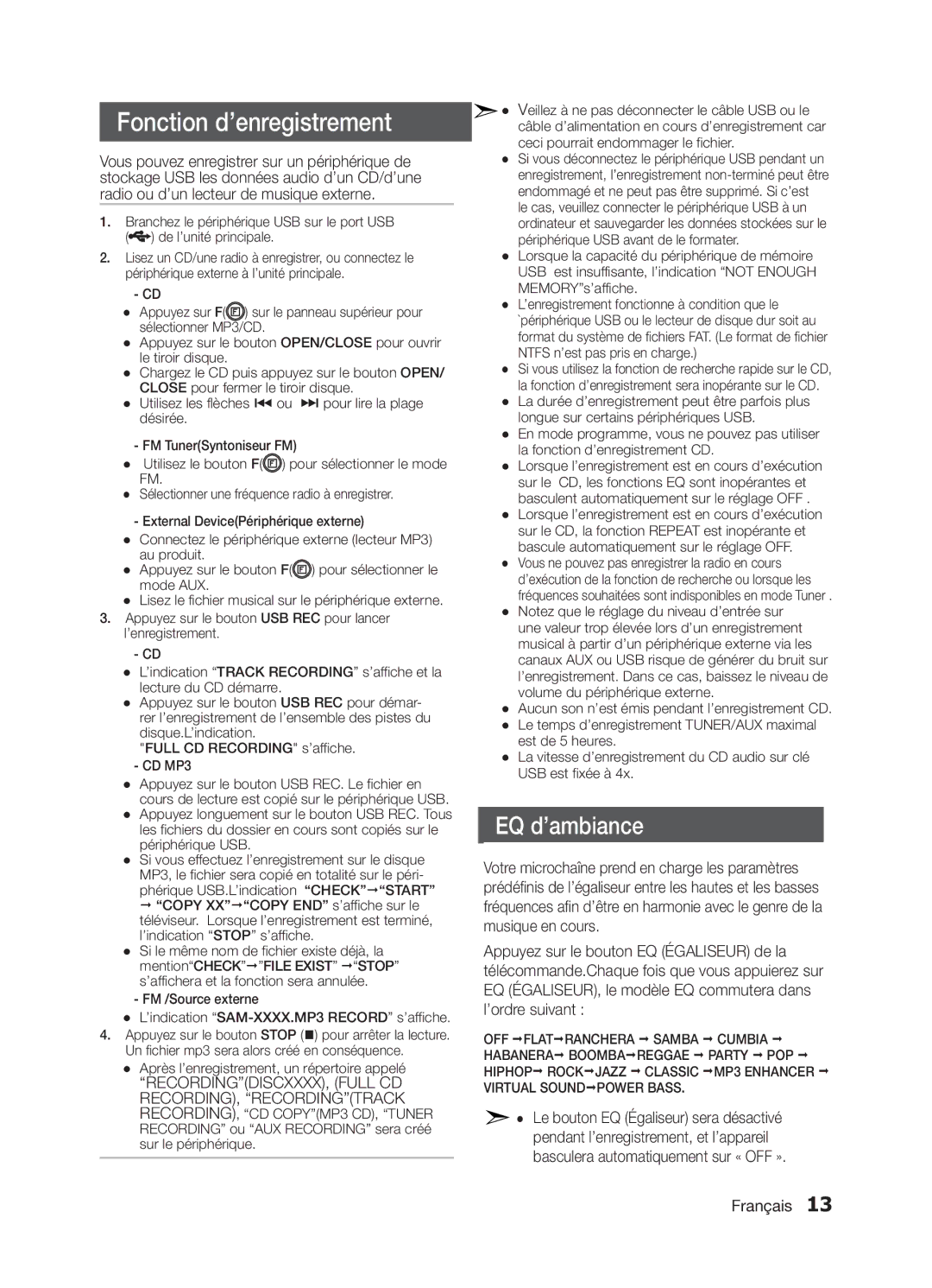 Samsung MM-E320/ZF, MM-E330/ZF manual Fonction d’enregistrement, EQ d’ambiance 