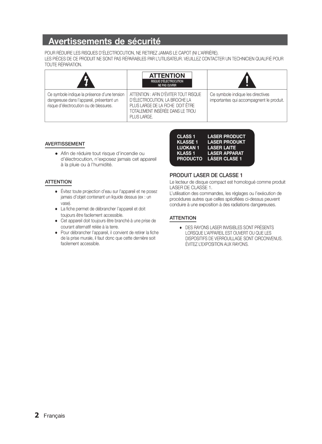 Samsung MM-E330/ZF, MM-E320/ZF manual Produit Laser DE Classe, Français, Ce symbole indique les directives 