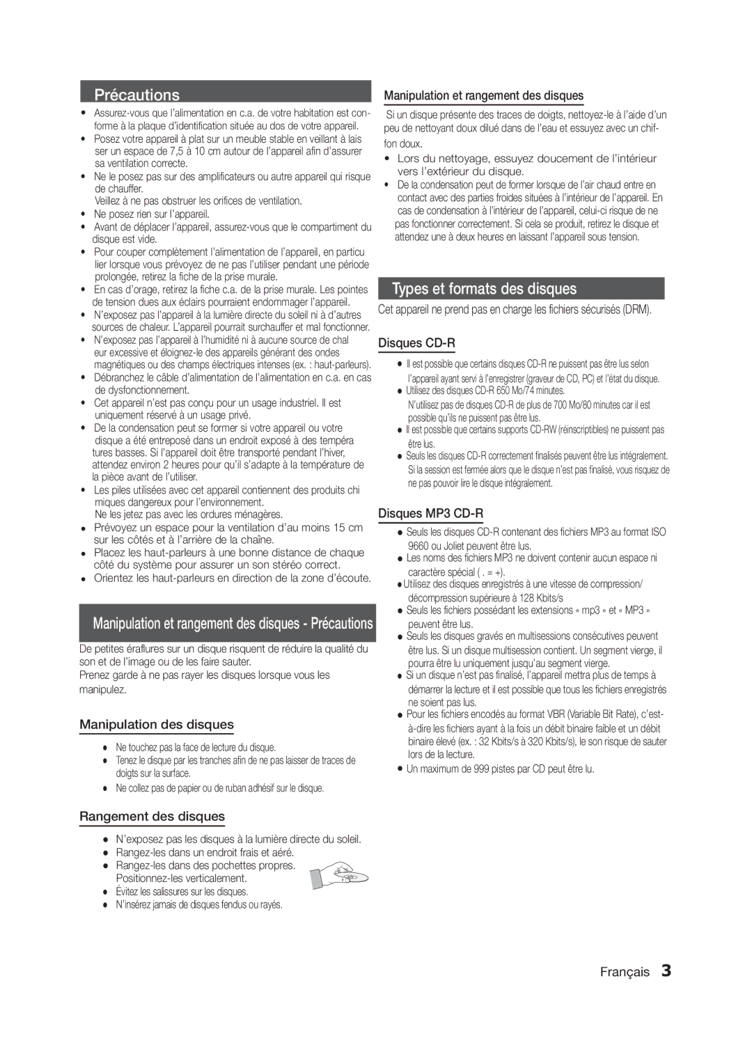 Samsung MM-E320/ZF manual Manipulation des disques, Manipulation et rangement des disques, Disques CD-R, Disques MP3 CD-R 