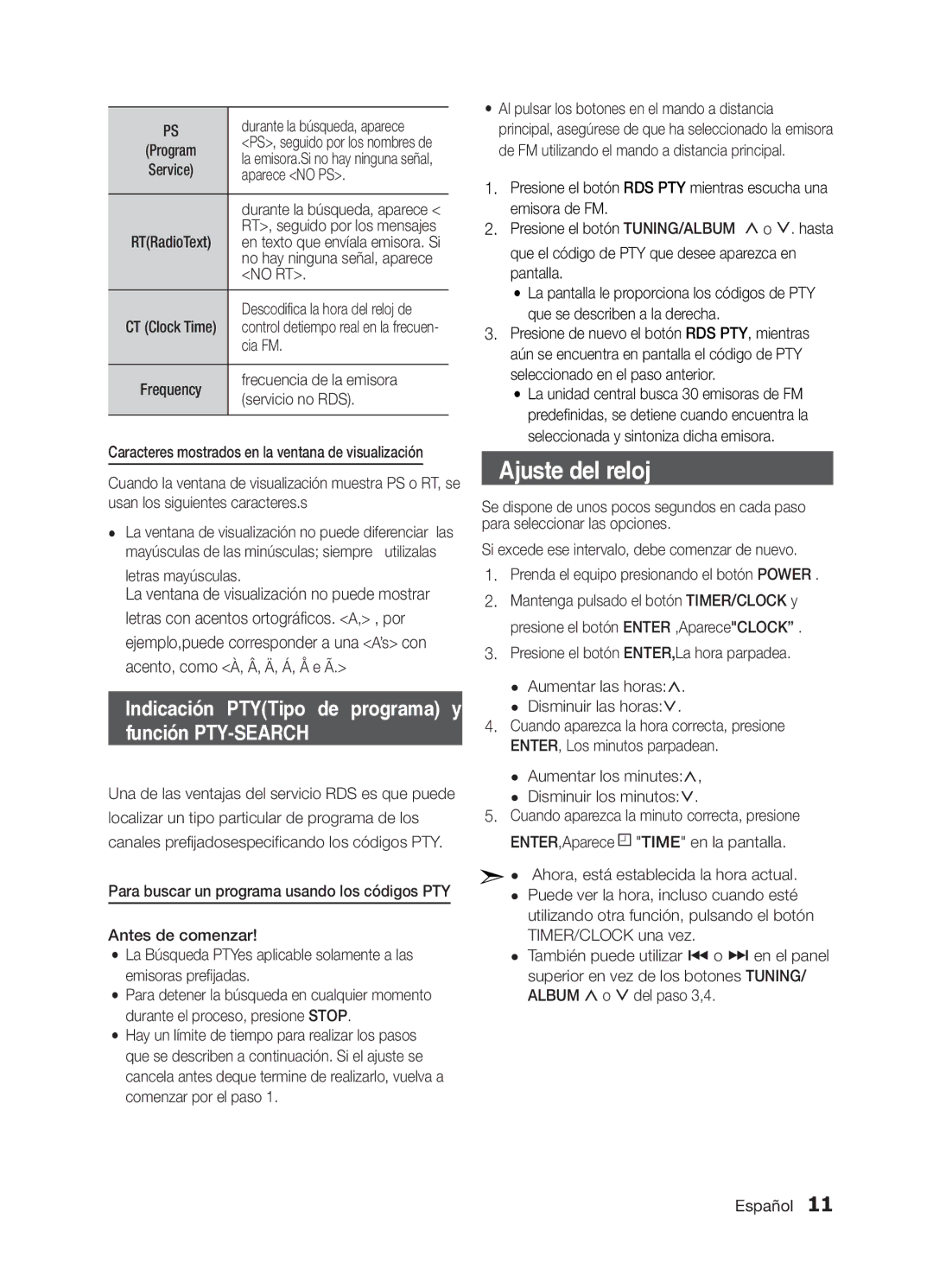 Samsung MM-E320/ZF, MM-E330/ZF manual Aparece no PS, No RT, Cia FM, Frecuencia de la emisora, Servicio no RDS 