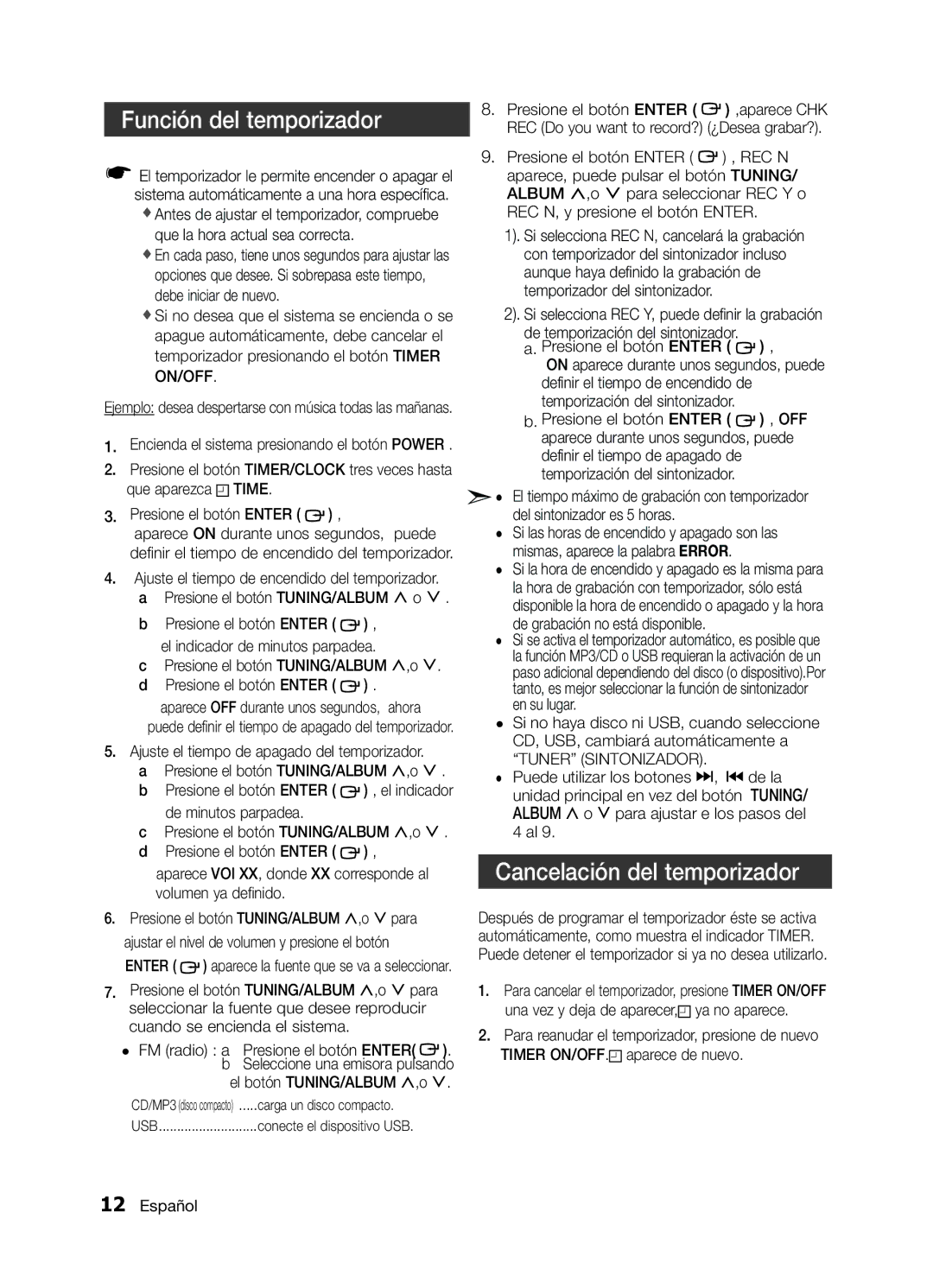 Samsung MM-E330/ZF, MM-E320/ZF manual Función del temporizador, Cancelación del temporizador, El botón TUNING/ALBUM ,,o 