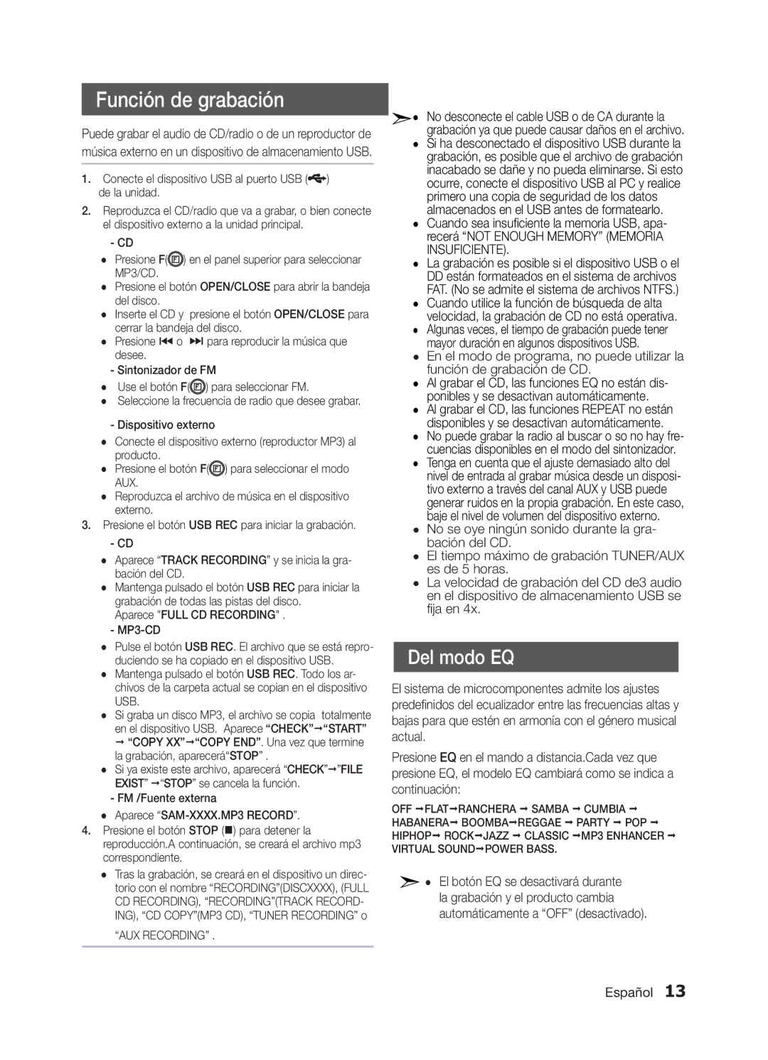 Samsung MM-E320/ZF, MM-E330/ZF manual Función de grabación, Del modo EQ 