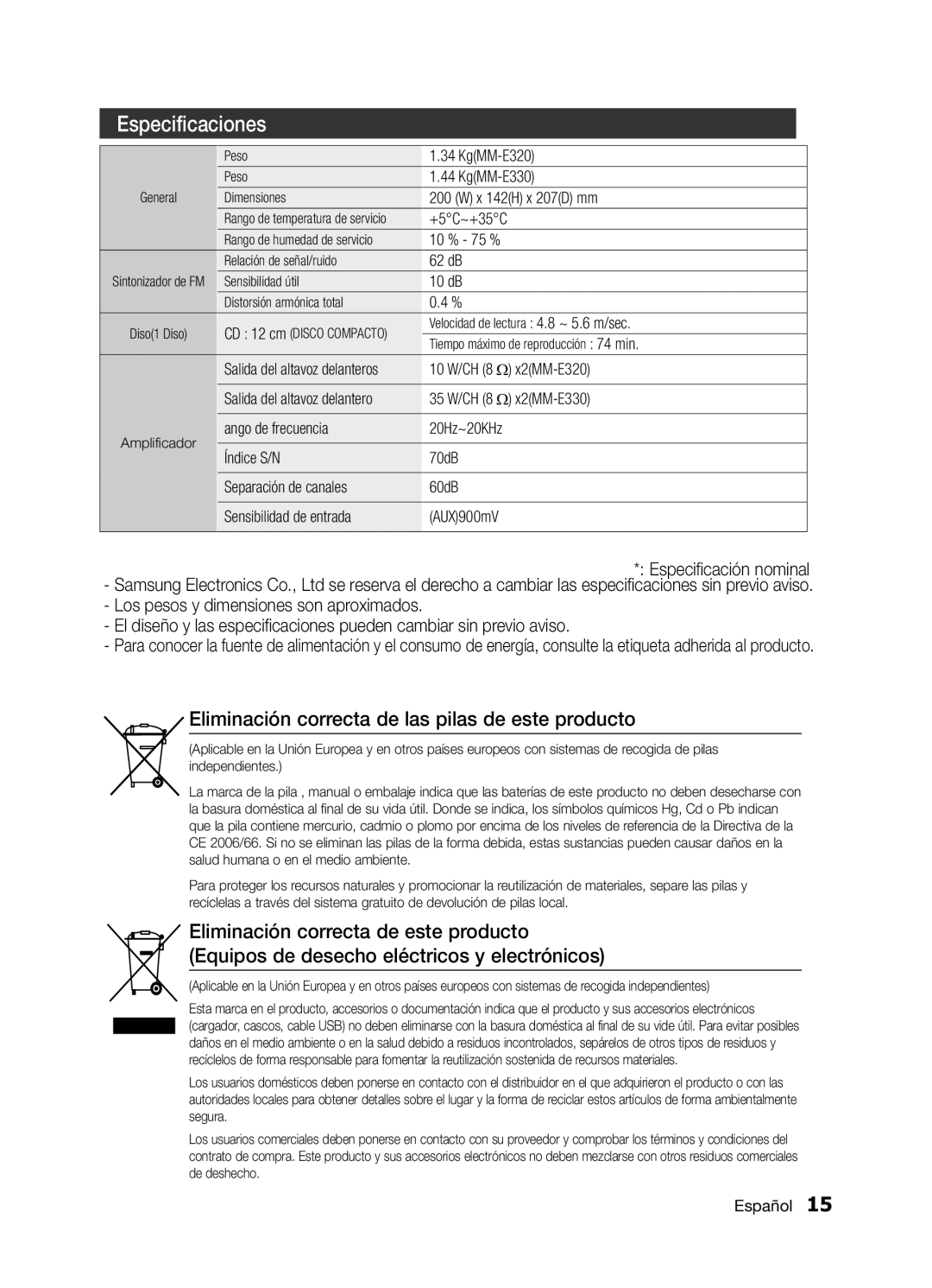 Samsung MM-E320/ZF, MM-E330/ZF manual Especificaciones 