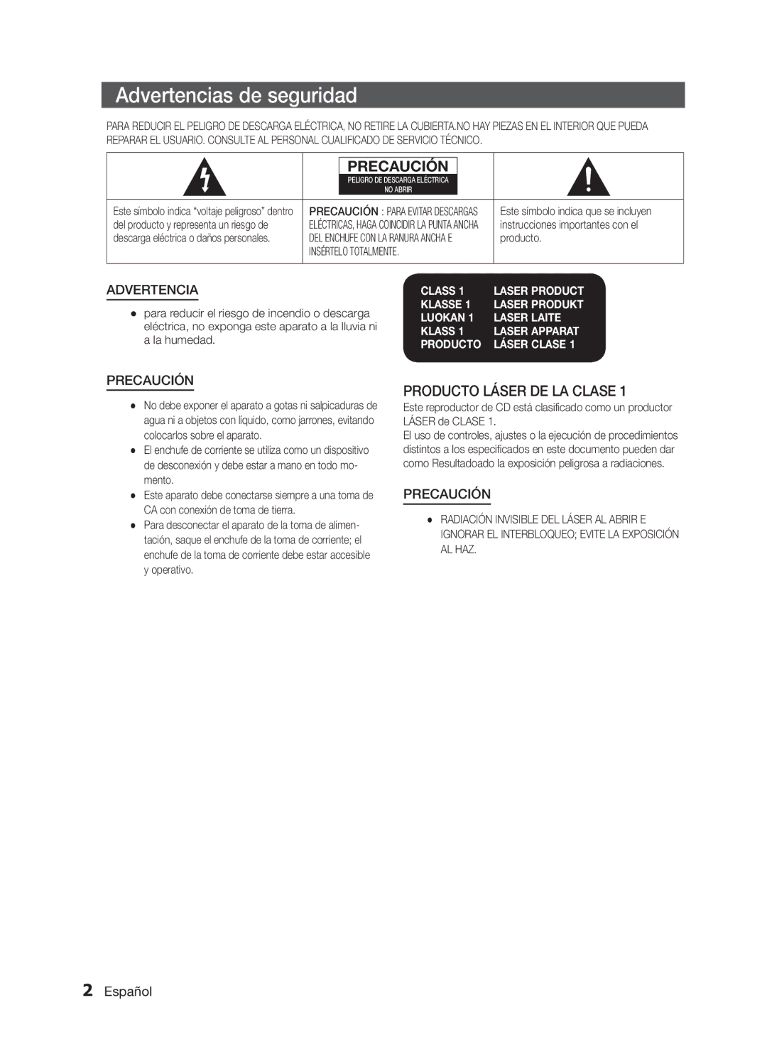 Samsung MM-E330/ZF, MM-E320/ZF manual Advertencias de seguridad, Precaución, Español 