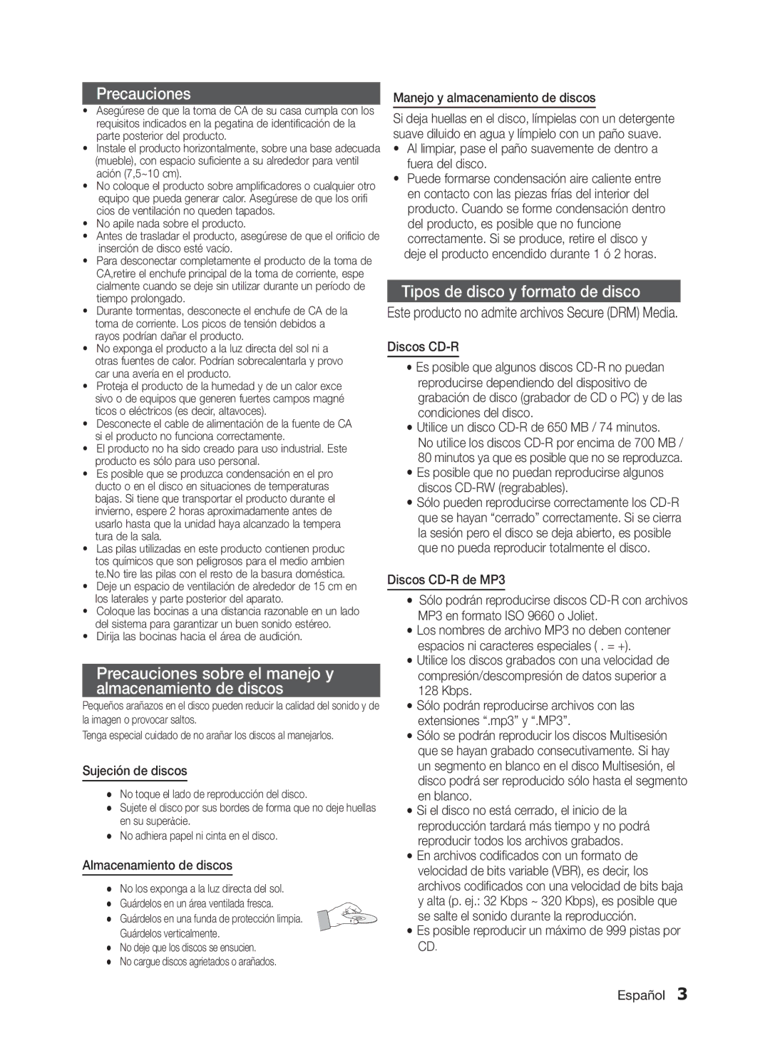 Samsung MM-E320/ZF, MM-E330/ZF manual Sujeción de discos, Almacenamiento de discos, Manejo y almacenamiento de discos 