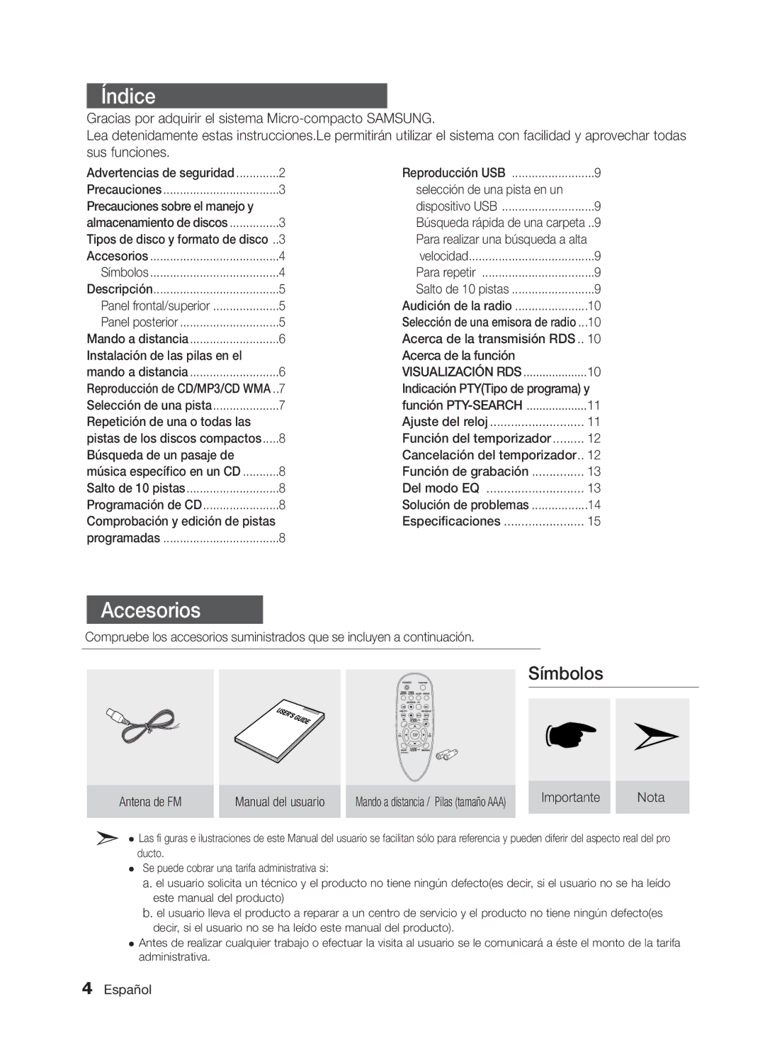 Samsung MM-E330/ZF, MM-E320/ZF manual Índice, Accesorios 