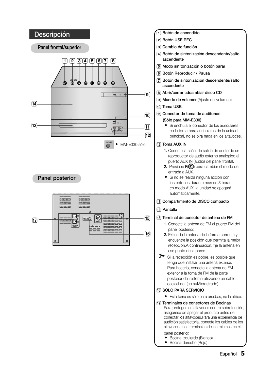 Samsung MM-E320/ZF, MM-E330/ZF manual Descripción, Panel frontal/superior 1234567 