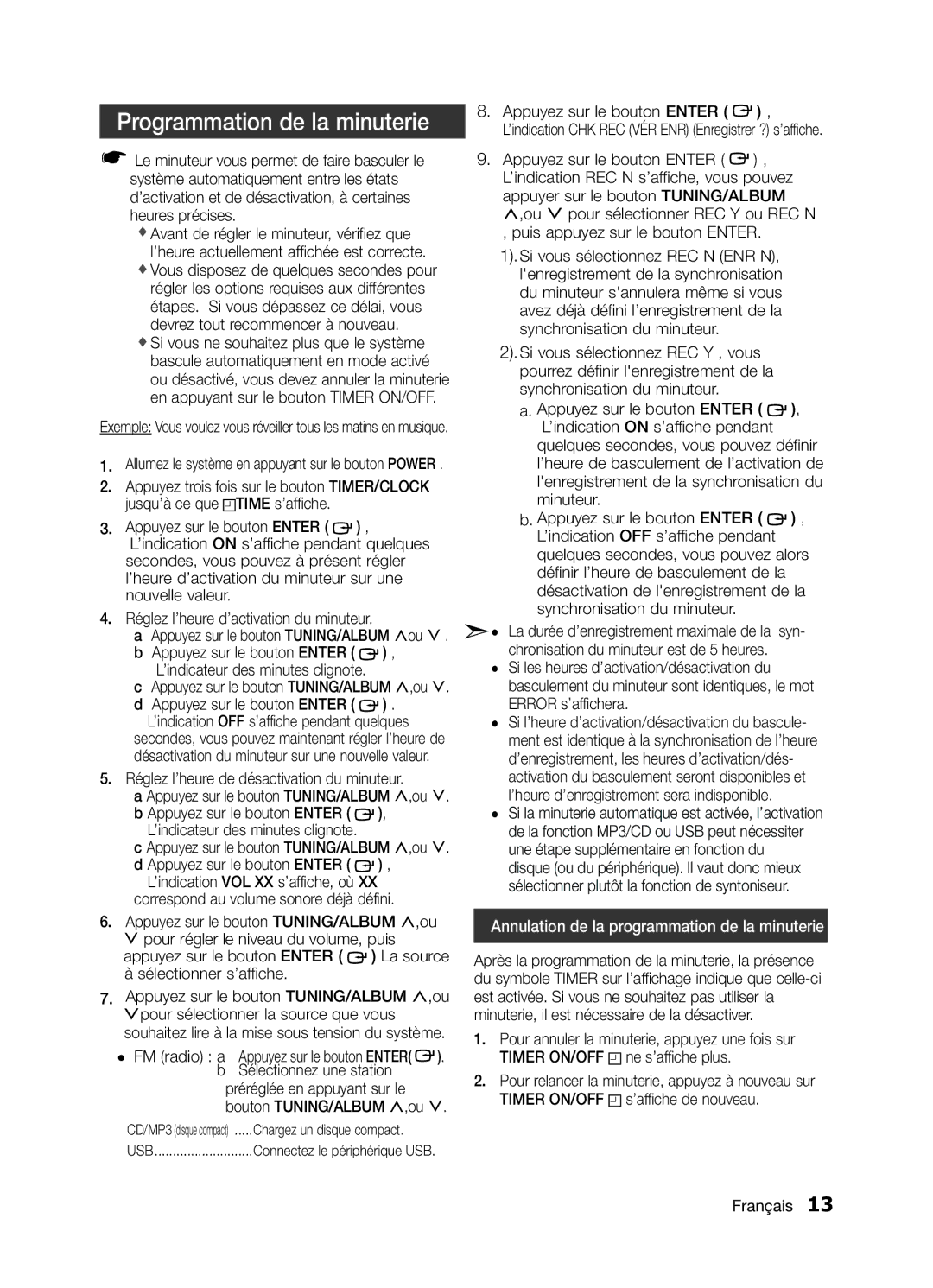 Samsung MM-E330/ZF Programmation de la minuterie, Réglez l’heure de désactivation du minuteur, Chargez un disque compact 