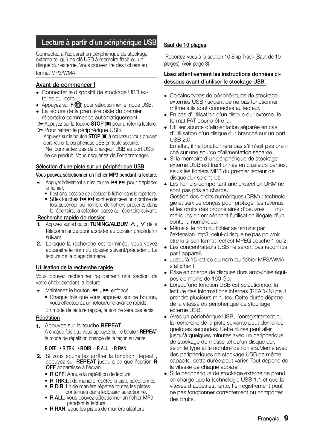 Samsung MM-E330/ZF manual Format MP3/WMA, Pour retirer le périphérique USB, Sélection d’une piste sur un périphérique USB 