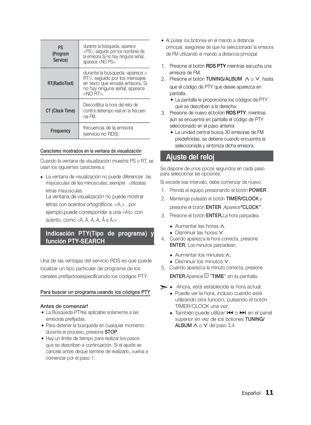 Samsung MM-E330/ZF manual Aparece no PS, No RT, Cia FM, Frecuencia de la emisora, Servicio no RDS 