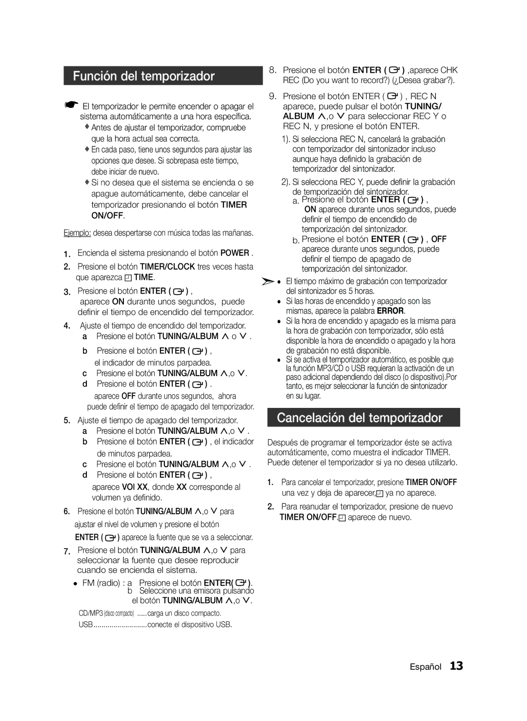 Samsung MM-E330/ZF manual Función del temporizador, Cancelación del temporizador, El botón TUNING/ALBUM ,,o 