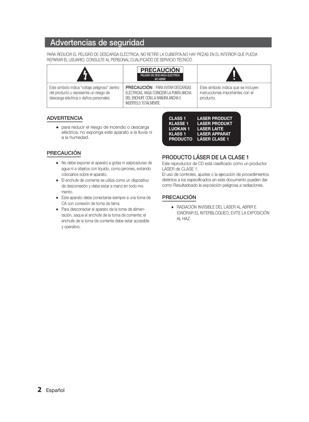 Samsung MM-E330/ZF manual Advertencias de seguridad, Español 