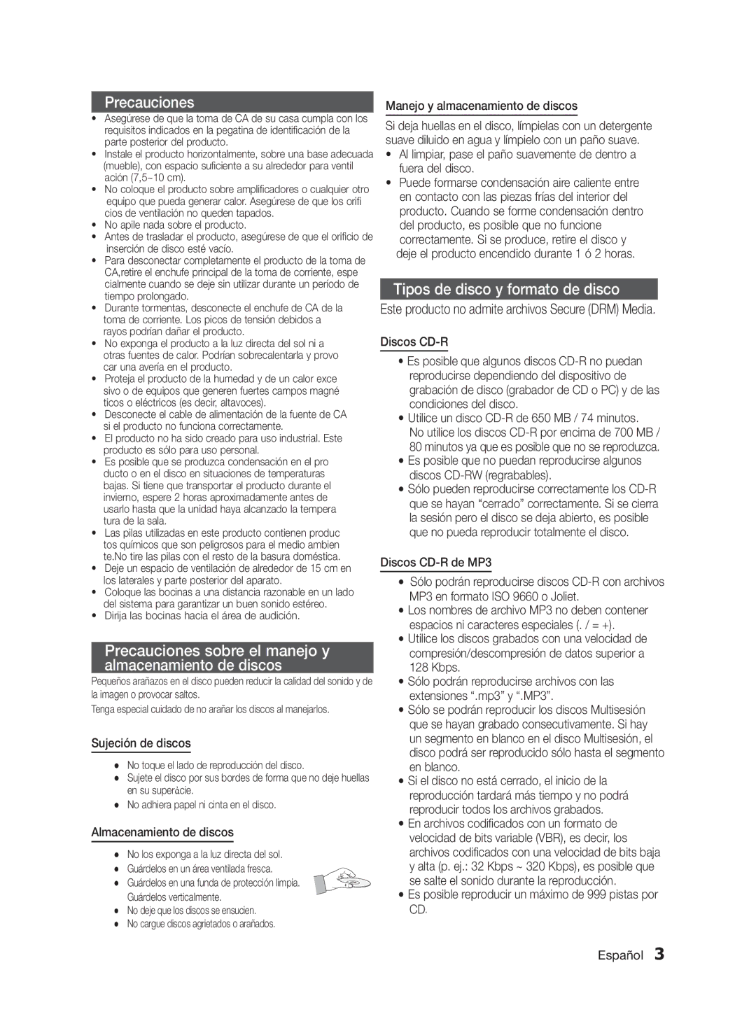 Samsung MM-E330/ZF manual Sujeción de discos, Almacenamiento de discos, Manejo y almacenamiento de discos 