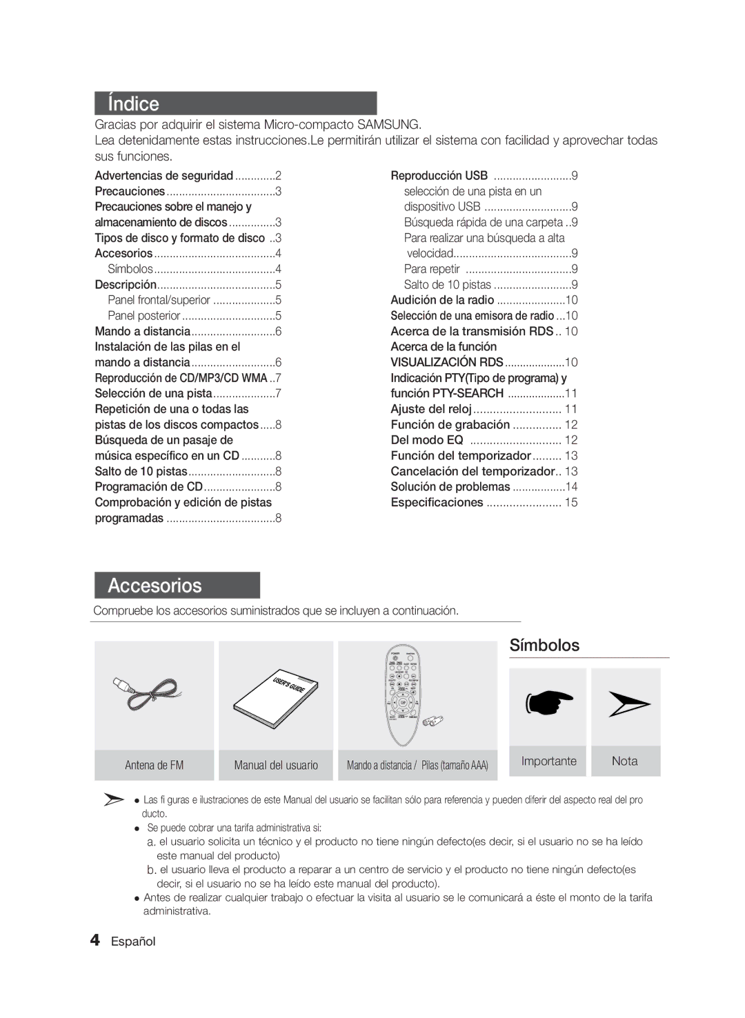 Samsung MM-E330/ZF manual Índice, Accesorios 