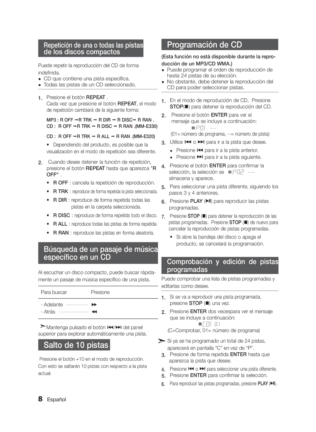 Samsung MM-E330/ZF manual Programación de CD, Salto de 10 pistas, Búsqueda de un pasaje de música específico en un CD 