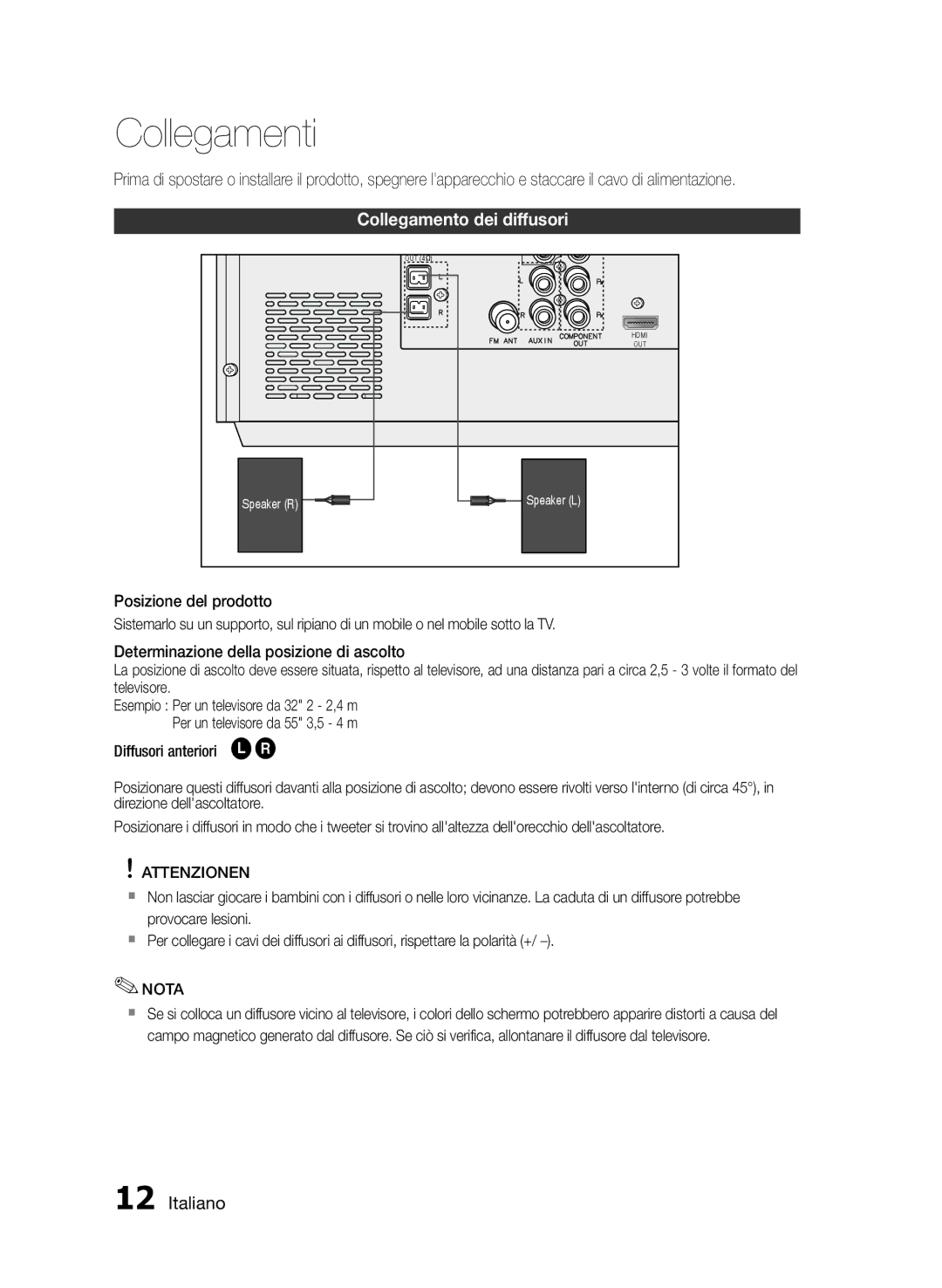 Samsung MM-E430D/EN manual Collegamenti, Collegamento dei diffusori, Attenzionen 