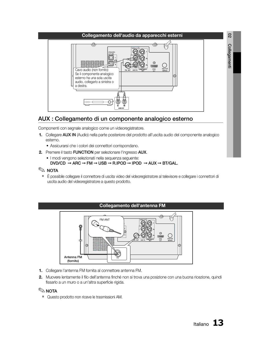 Samsung MM-E430D/EN AUX Collegamento di un componente analogico esterno, Collegamento dellaudio da apparecchi esterni 